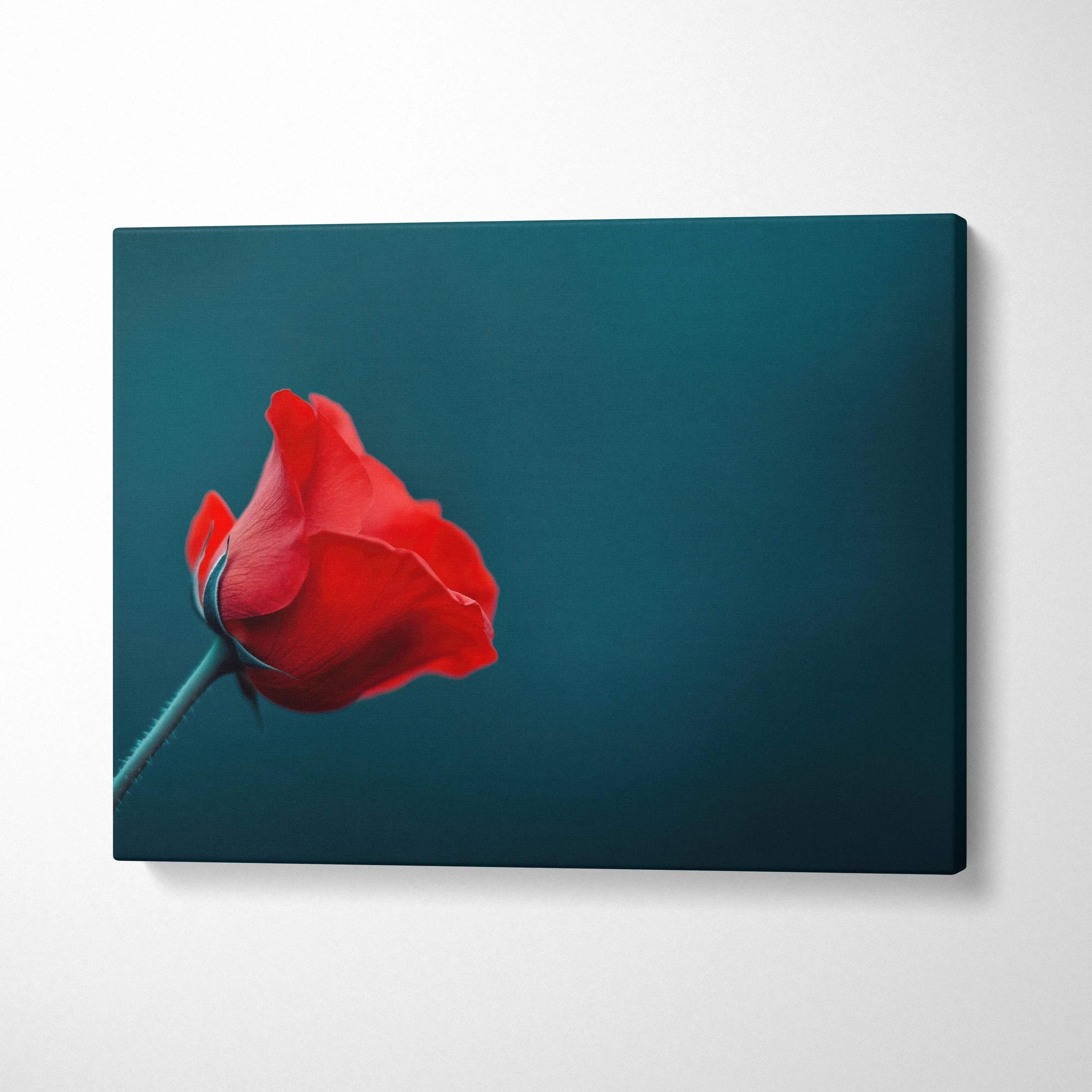 Red rose floral digital art on deep teal canvas wall art print in horizontal layout.