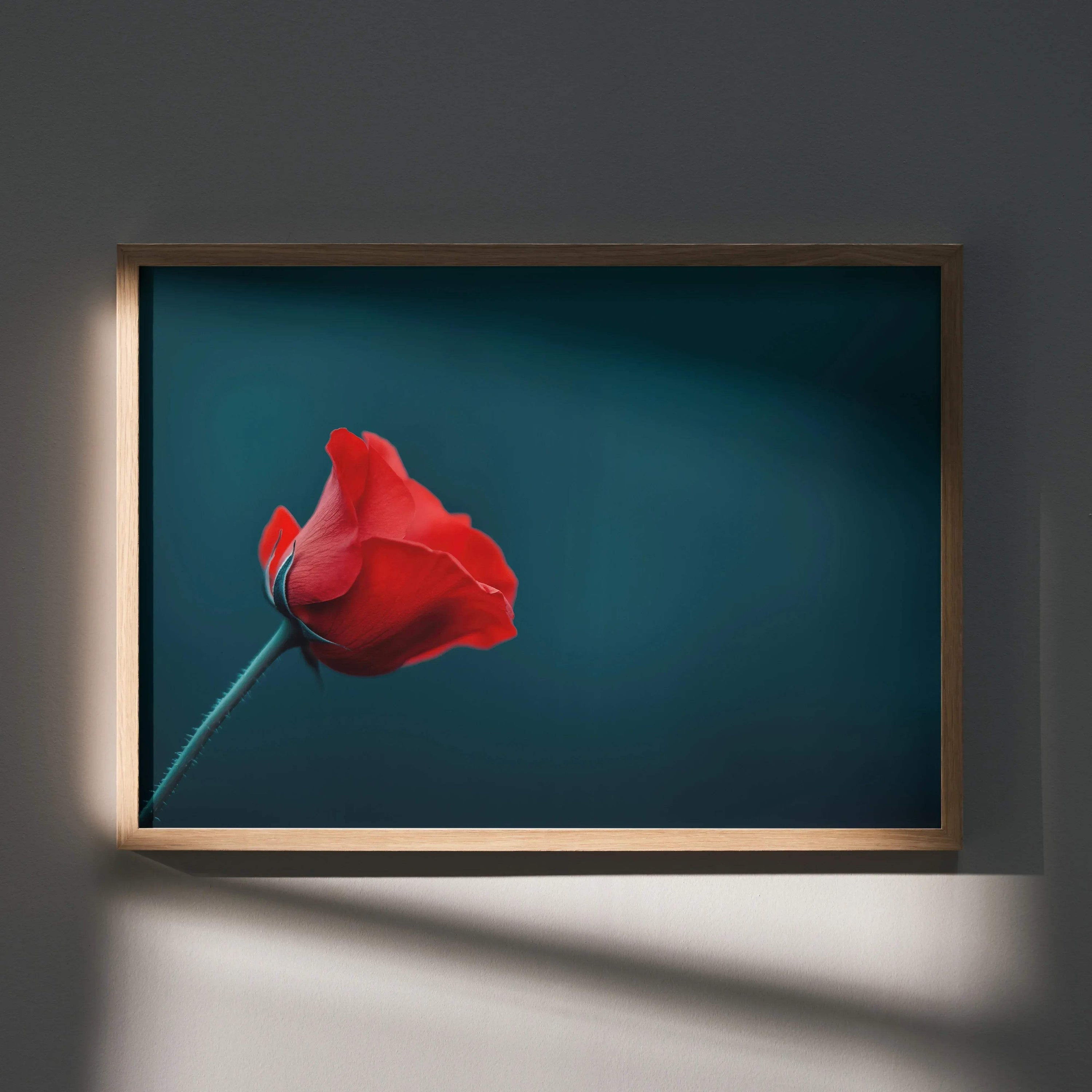 Red flower floral poster with dark teal background in wooden frame wall art.