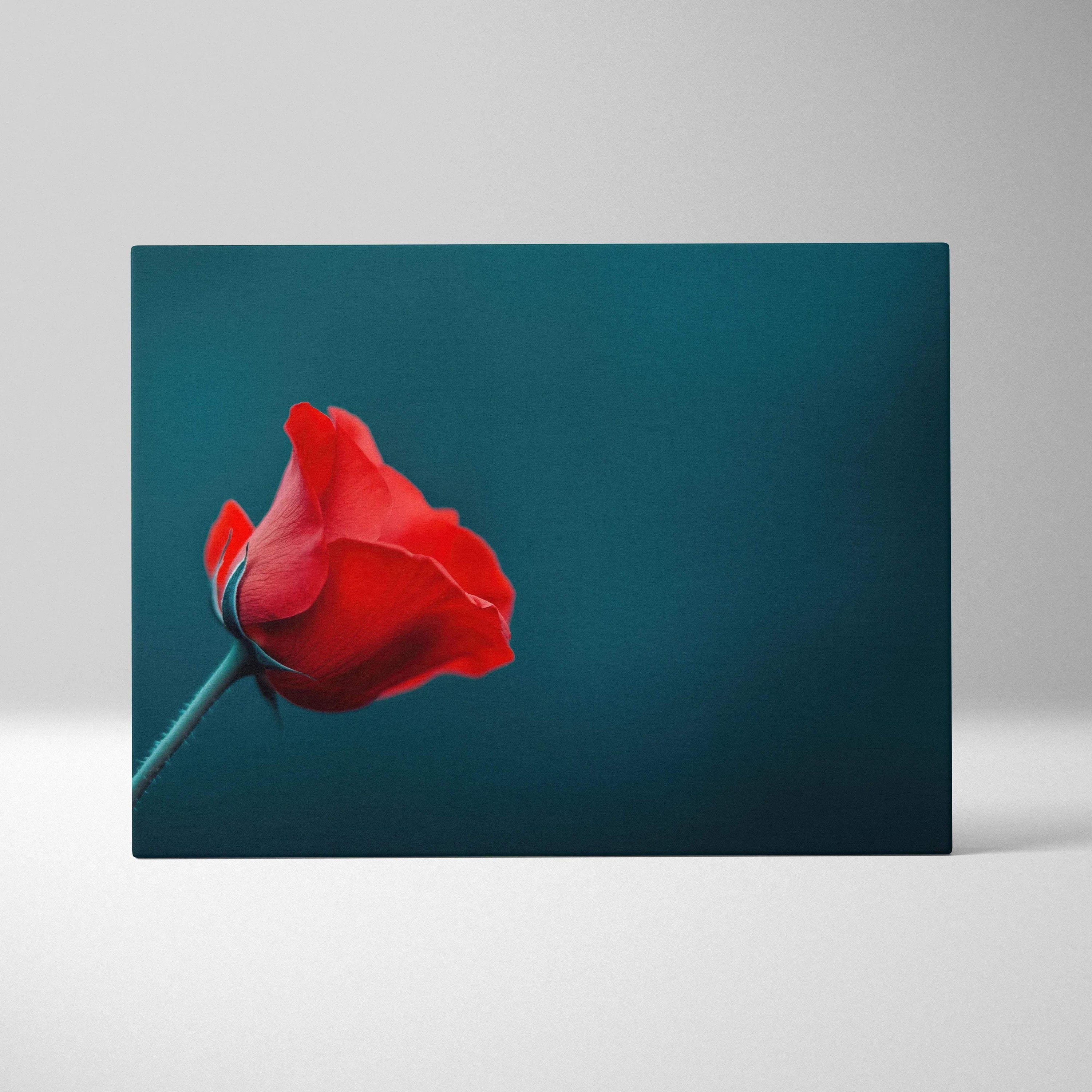 Red rose floral design on blue background canvas wall art print, horizontal orientation.