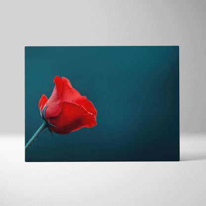Red rose floral design on blue background canvas wall art print, horizontal orientation.