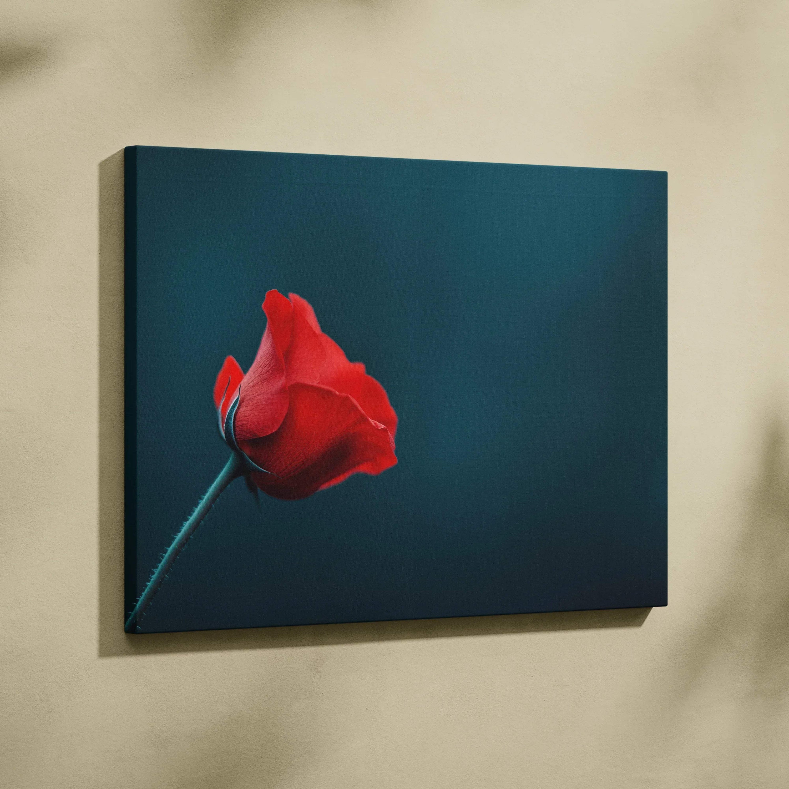 Canvas wall art featuring a single vibrant red rose with dark teal background.