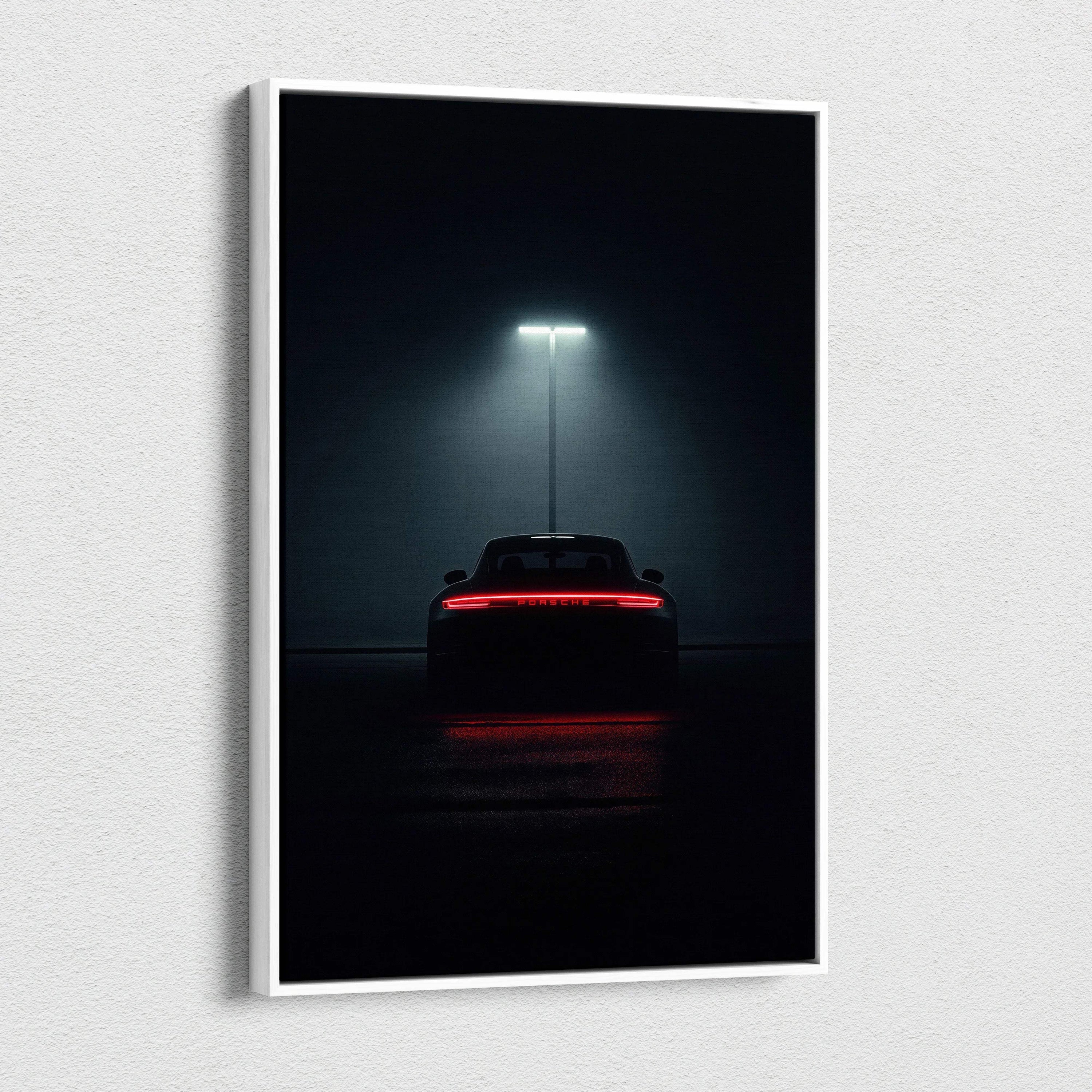 Vertical canvas wall art featuring a Porsche 911 rear view illuminated by streetlight in dark setting.