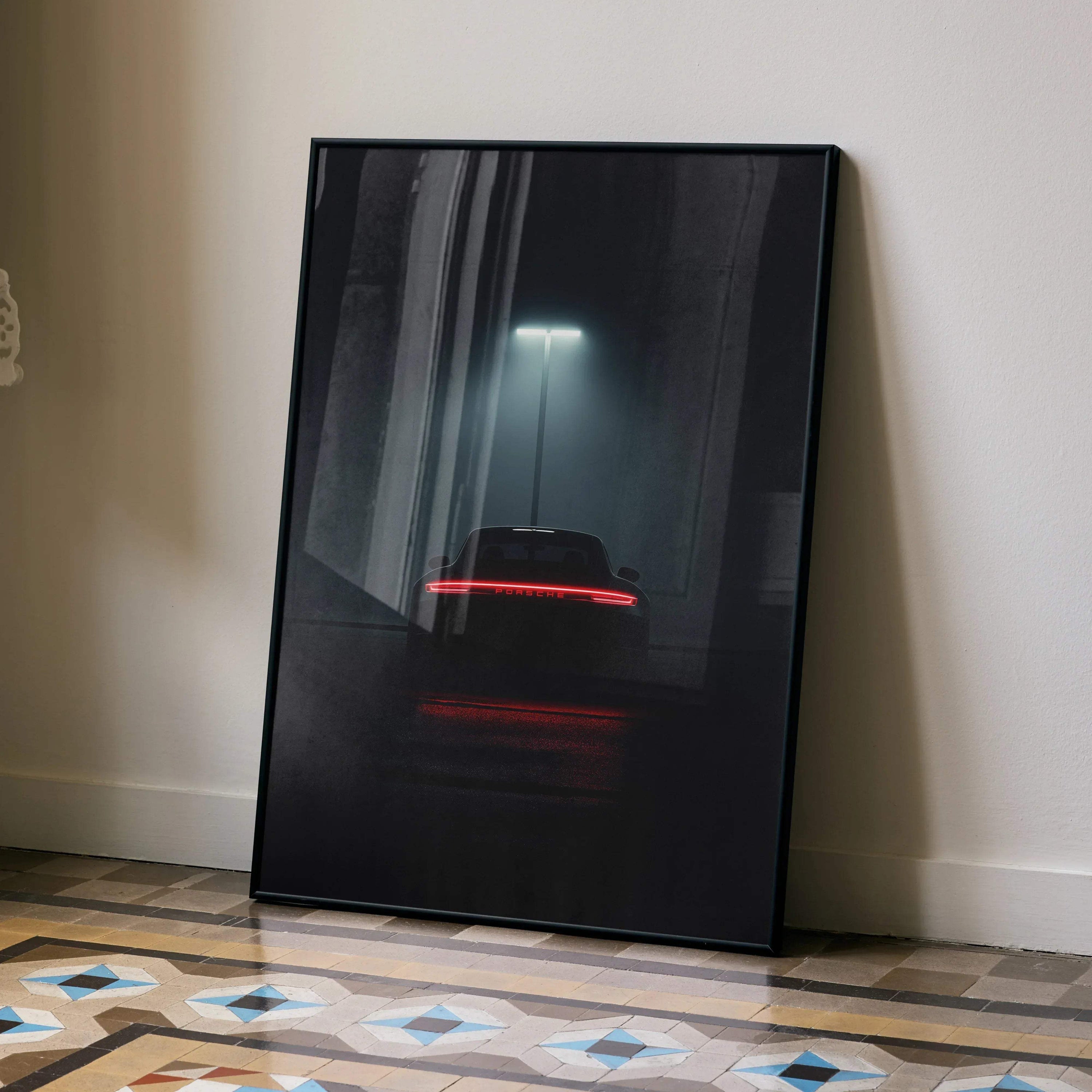 Vintage Porsche 911 Turbo sports car rear view poster with red taillights, moody dark wall art.