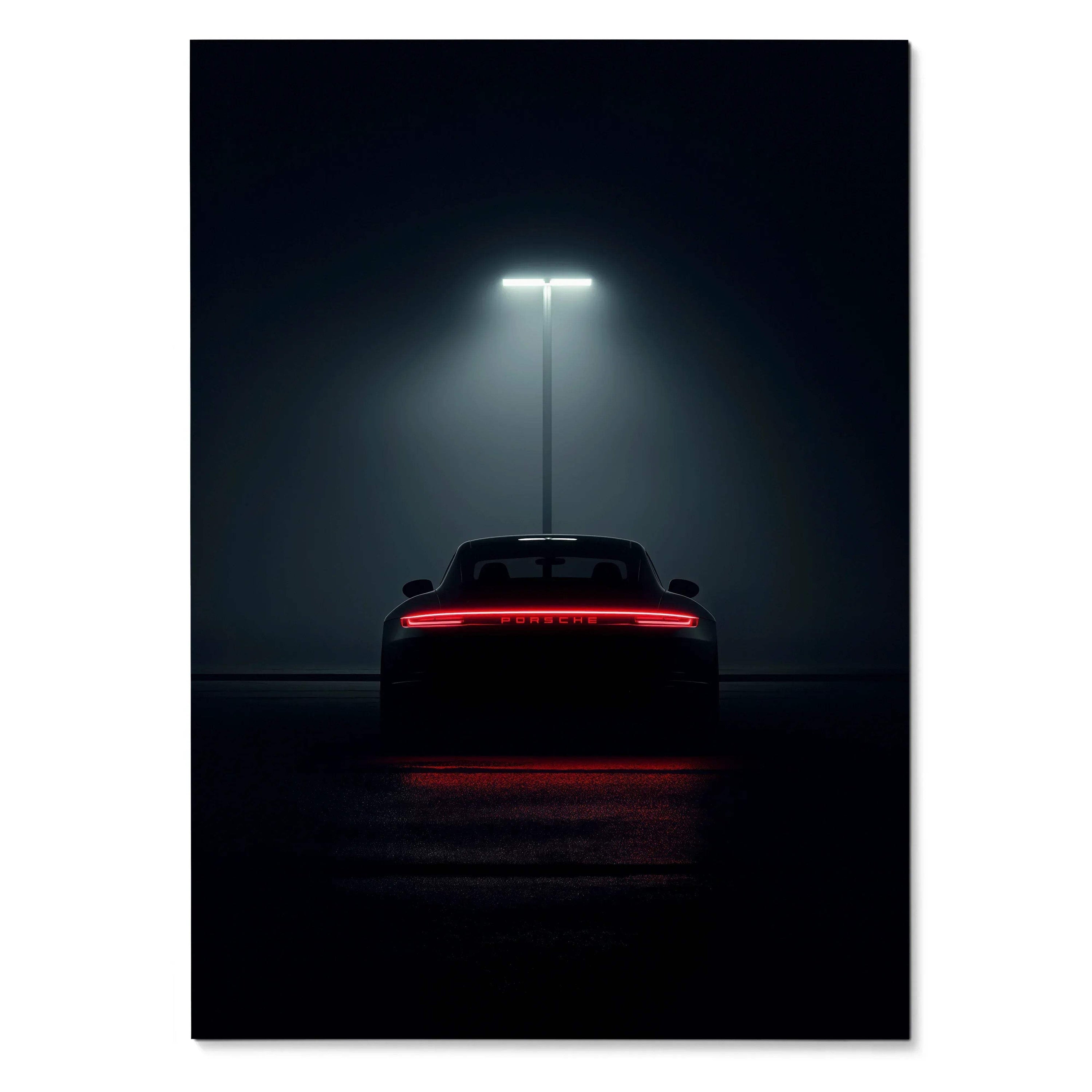 Vintage Porsche 911 Turbo sports car rear view under streetlight in dark setting wall art poster.