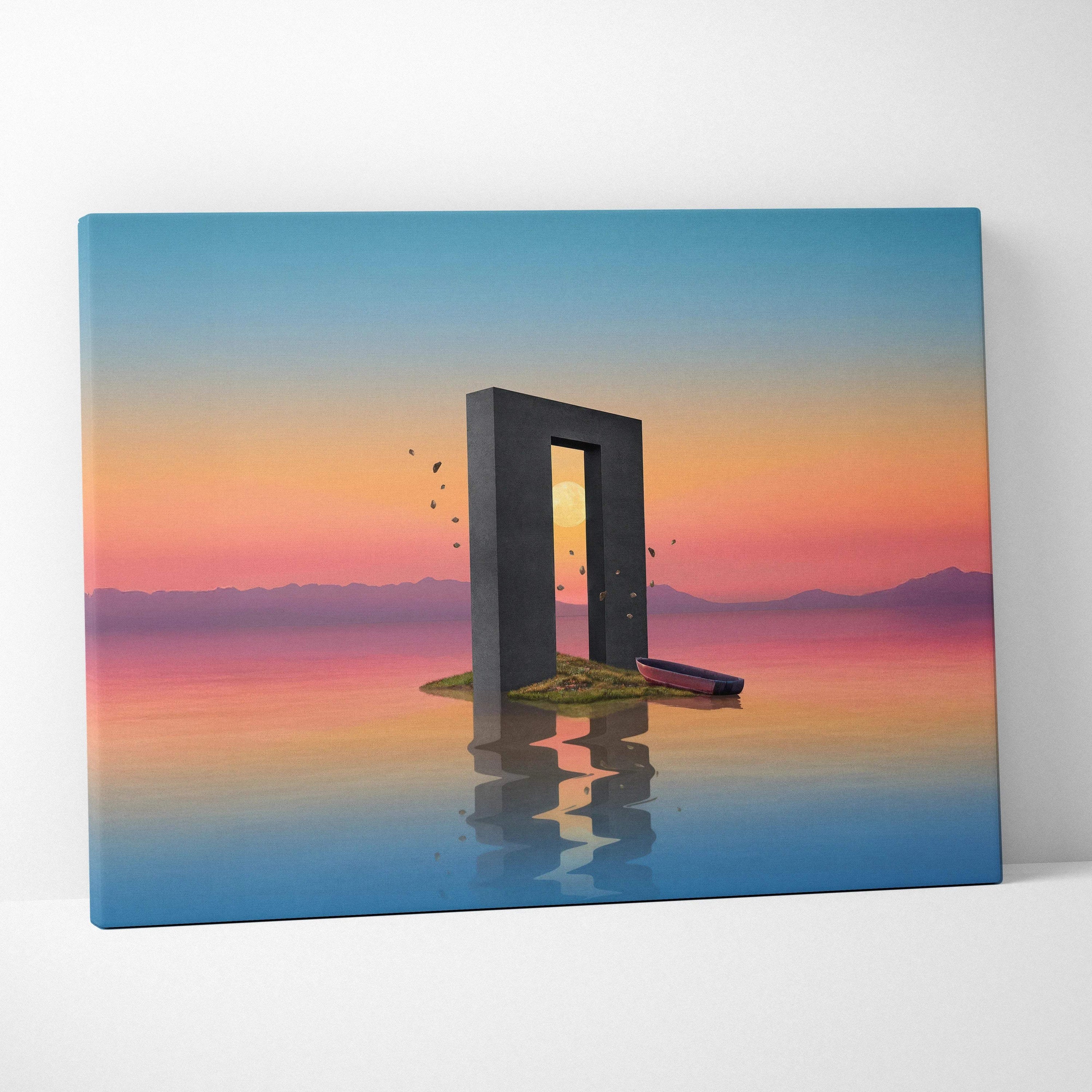 Minimalist 3D portal on island in calm water under sunset sky canvas art