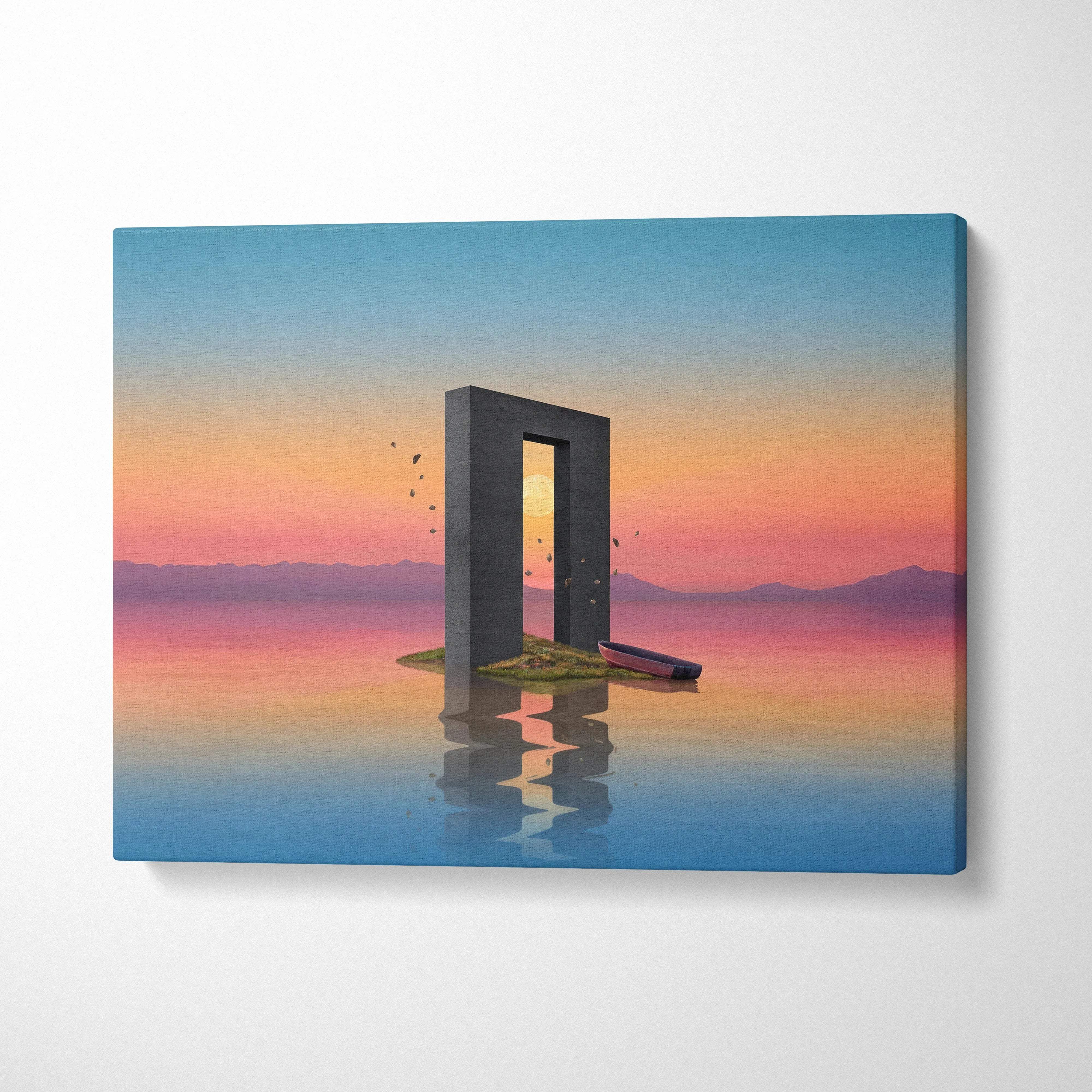 Minimalist 3D portal on island in calm water under sunset sky canvas art