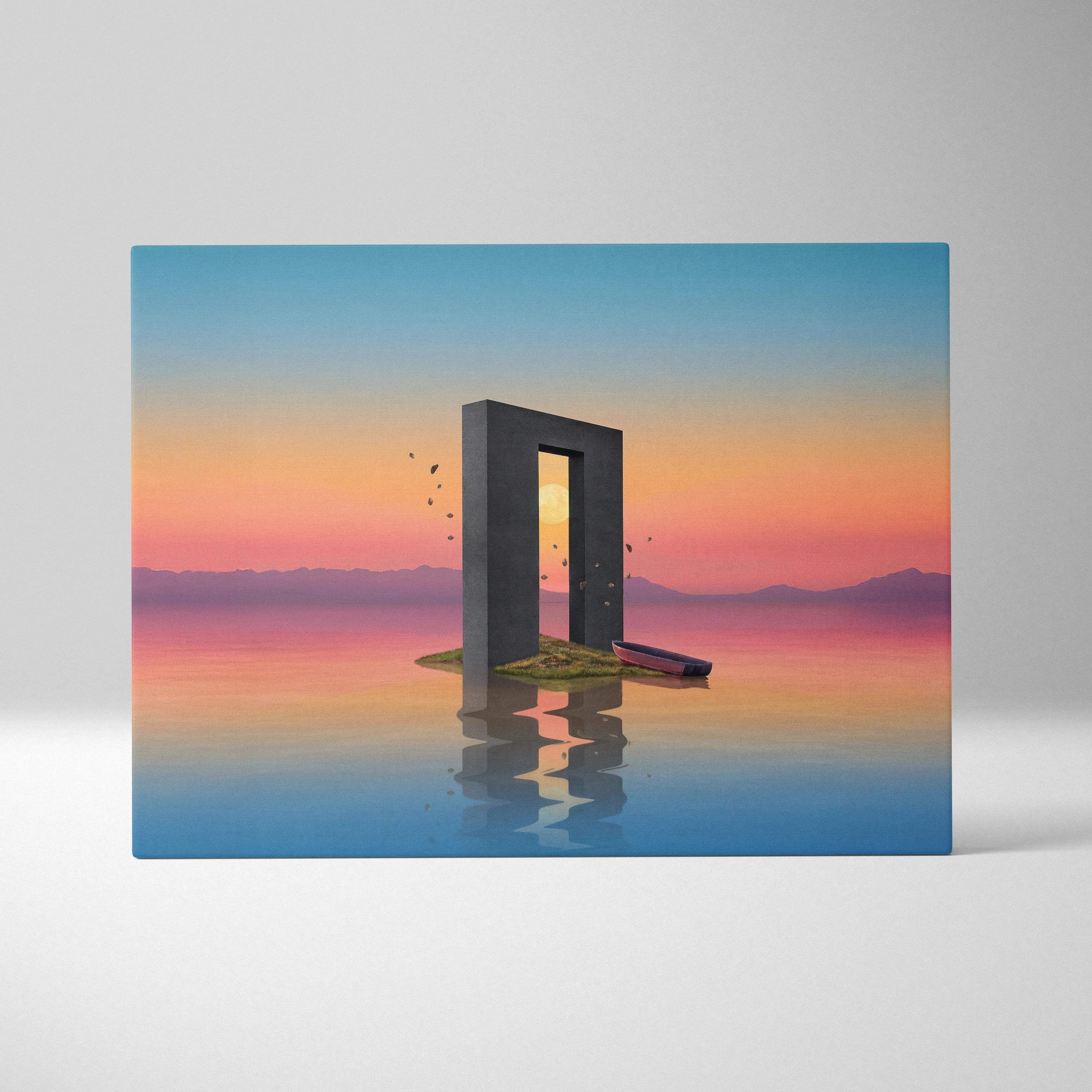 Minimalist surreal 3D portal in calm water under sunset sky canvas art