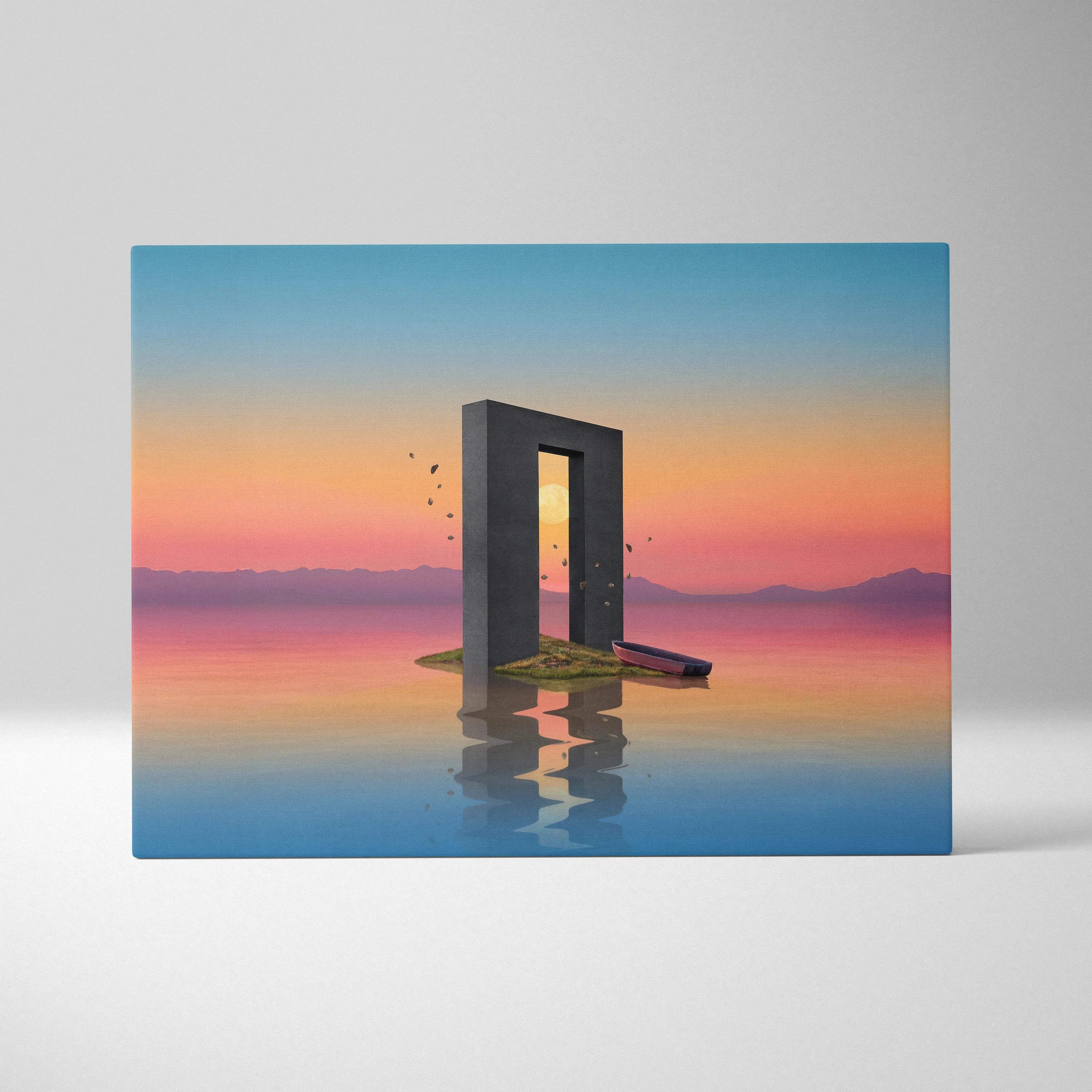 Minimalist surreal 3D portal in calm water under sunset sky canvas art