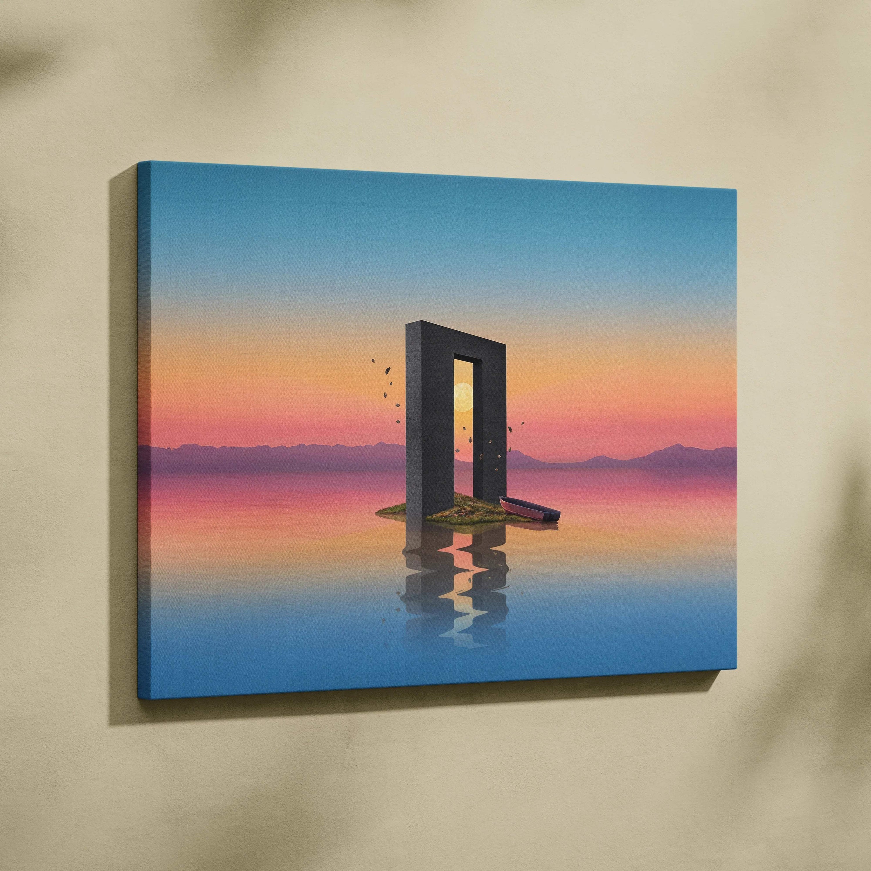 Minimalist 3D portal rising from calm water under sunset sky canvas art