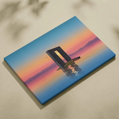 Minimalist surreal 3D portal canvas print with sunset mountains