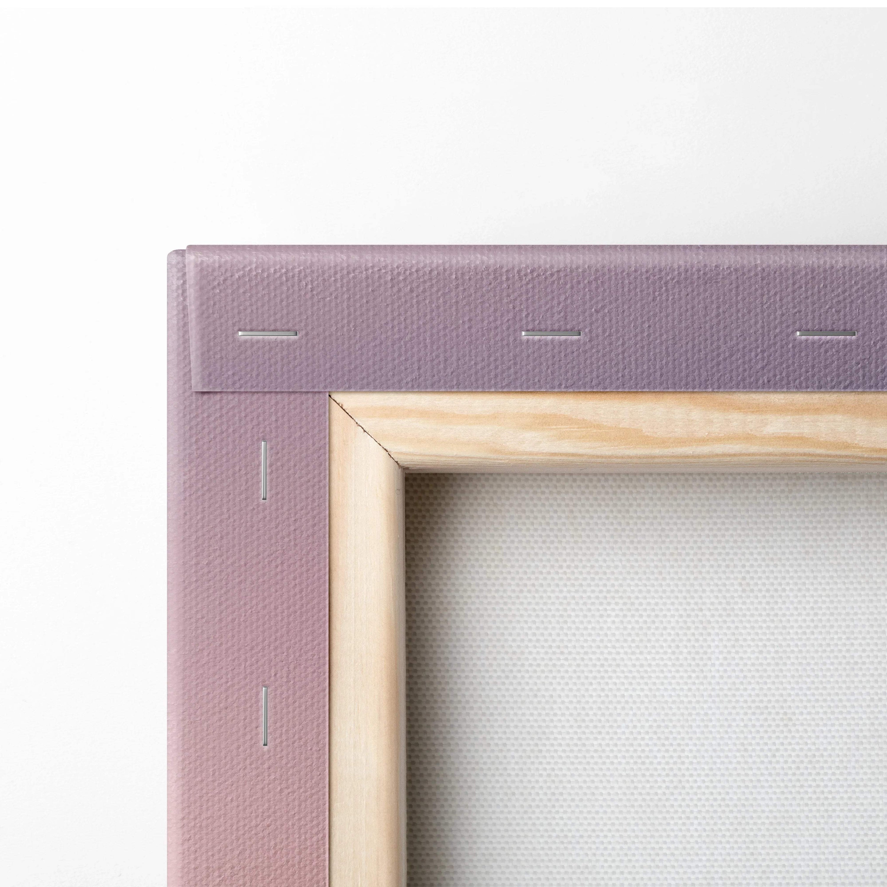 Lavender canvas painting in light wood frame with dusky pink sunset waves