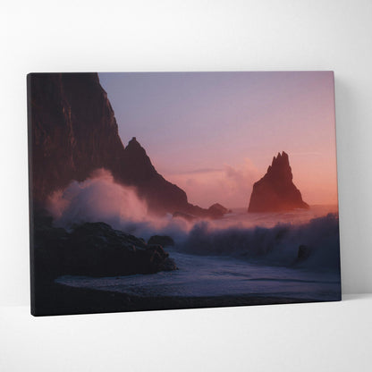 Cinematic coastal canvas art with dusky pink sunset and crashing waves