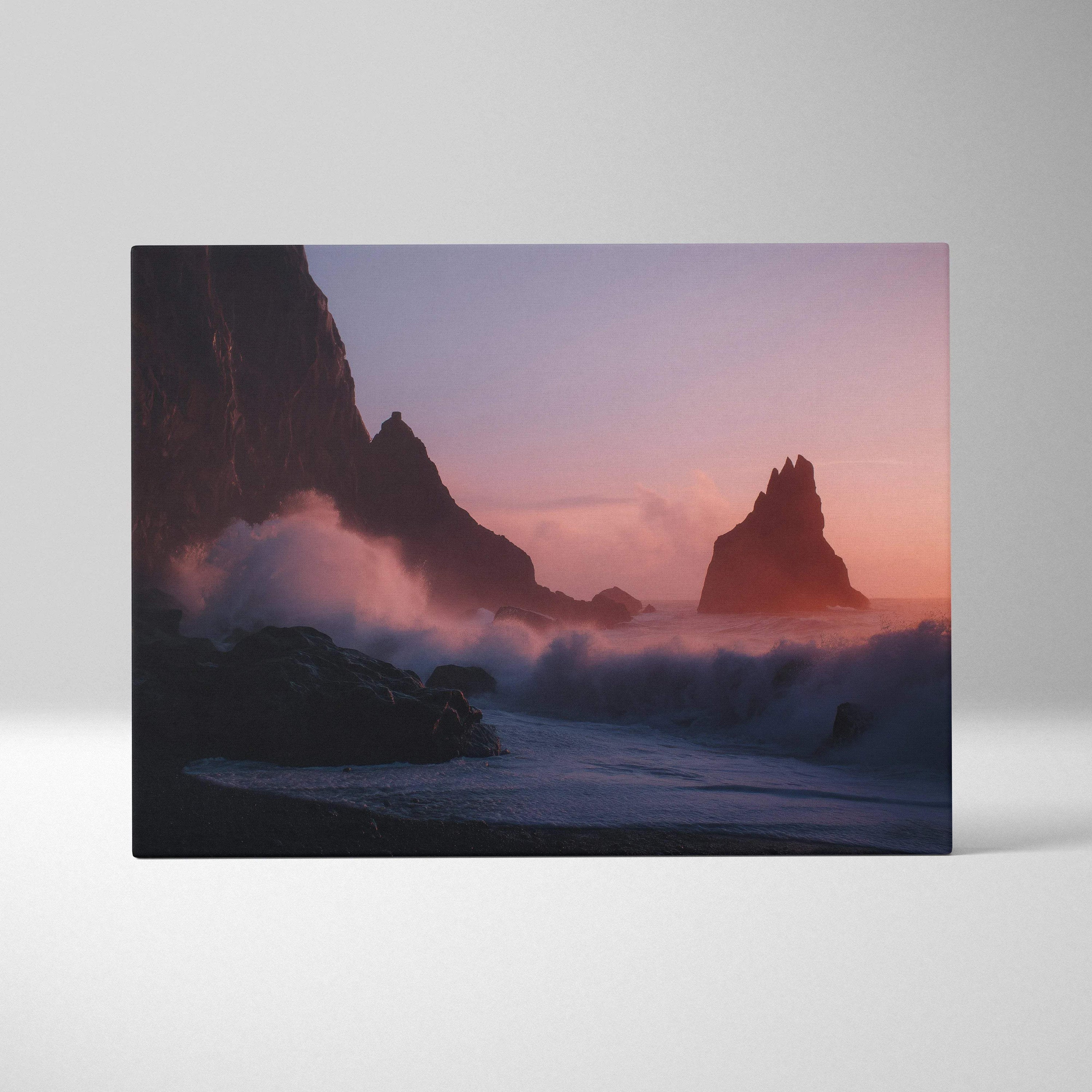 Cinematic coastal canvas art with dusky pink sunset and crashing waves