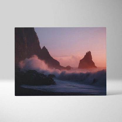 Cinematic coastal canvas art with dusky pink sunset and crashing waves