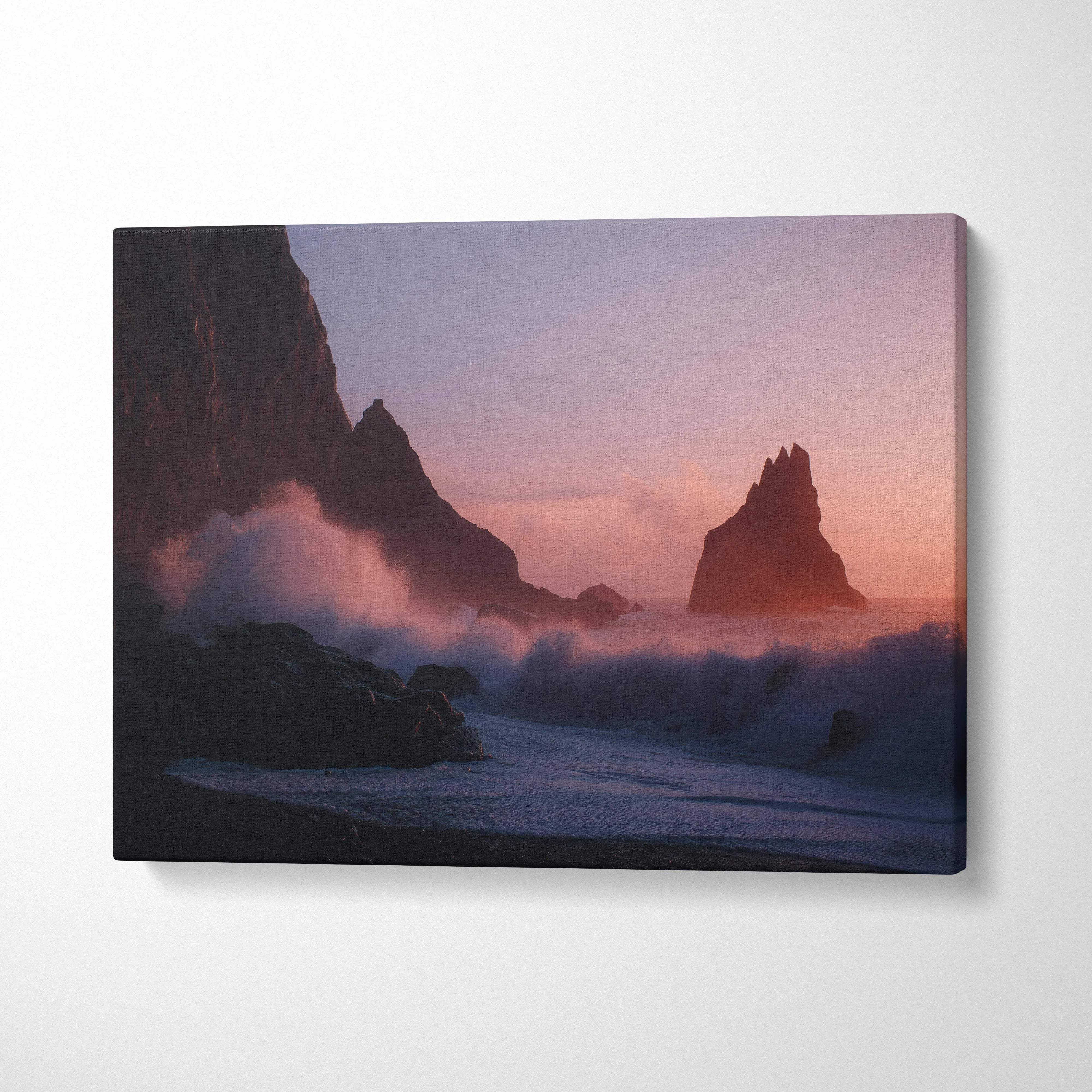 Cinematic coastal canvas print with dusky pink sunset and crashing waves