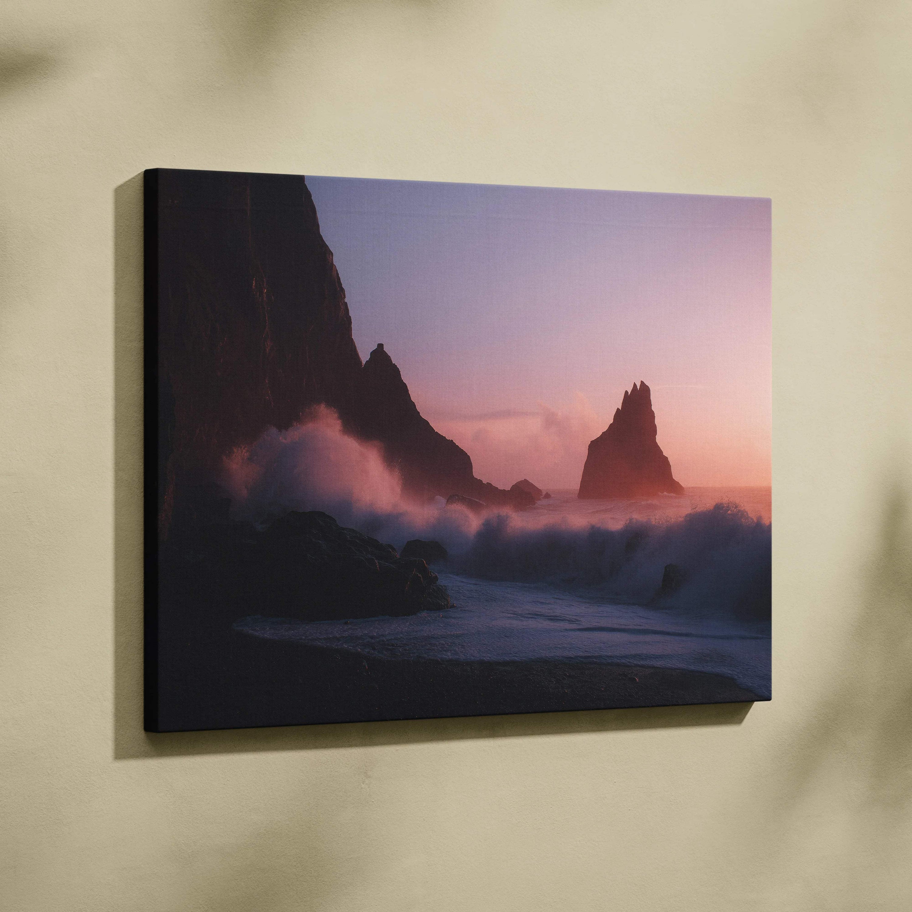 Cinematic coastal canvas art with dusky pink sunset and crashing waves