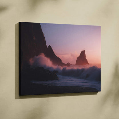 Cinematic coastal canvas art with dusky pink sunset and crashing waves
