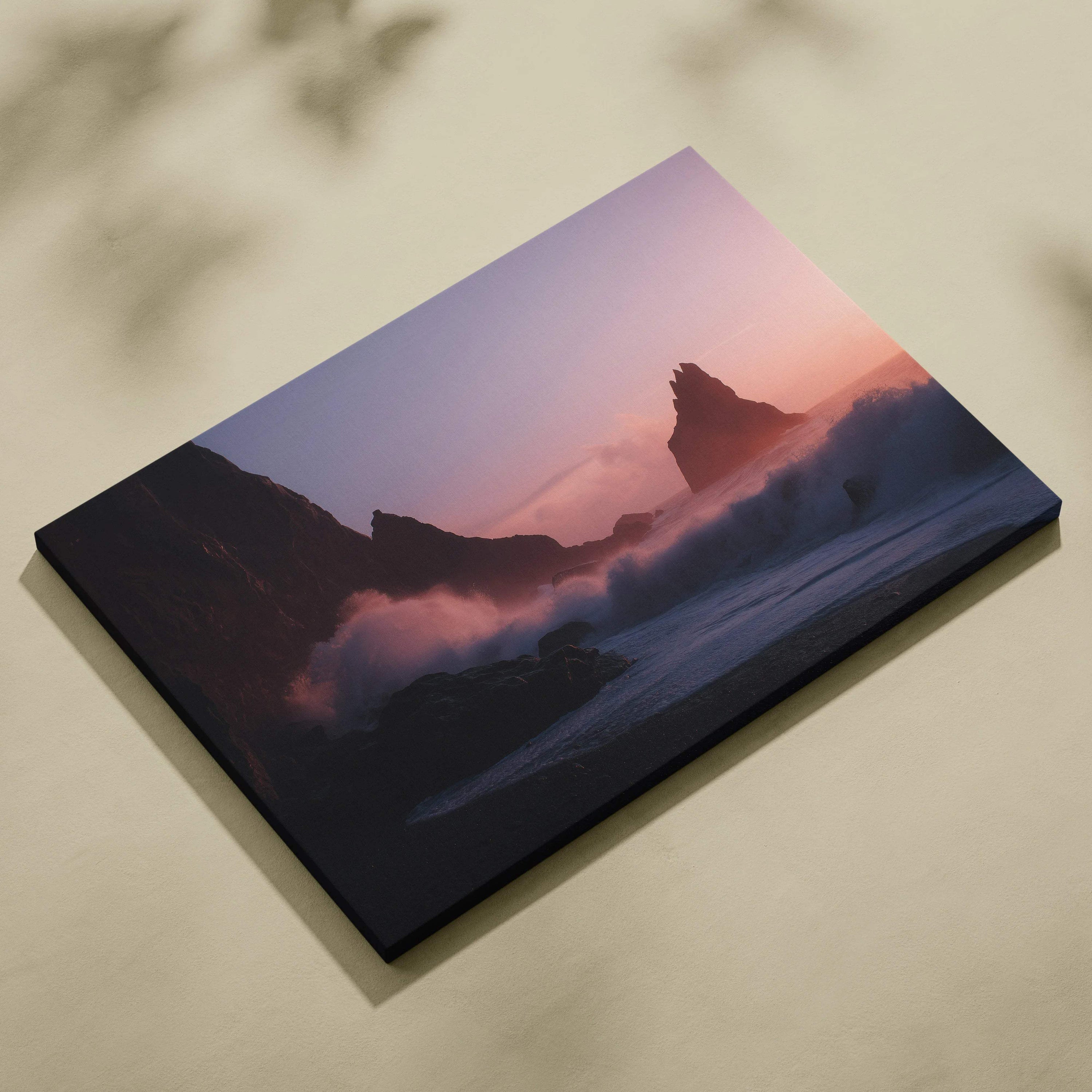 Cinematic coastal canvas art with dusky pink sunset, crashing waves on sea stacks
