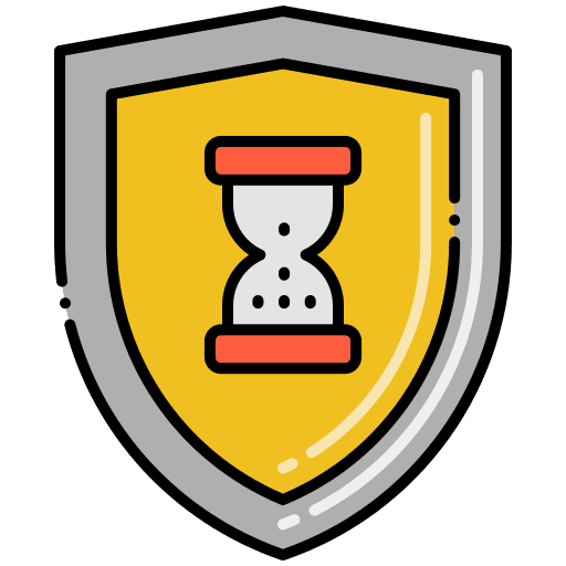 A stylized shield emblem featuring a white hourglass with red top and bottom sections, set against a vibrant yellow background within the silver-bordered shield.