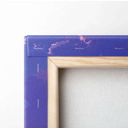 Purple whimsical cottage in lavender field at twilight, light wood frame