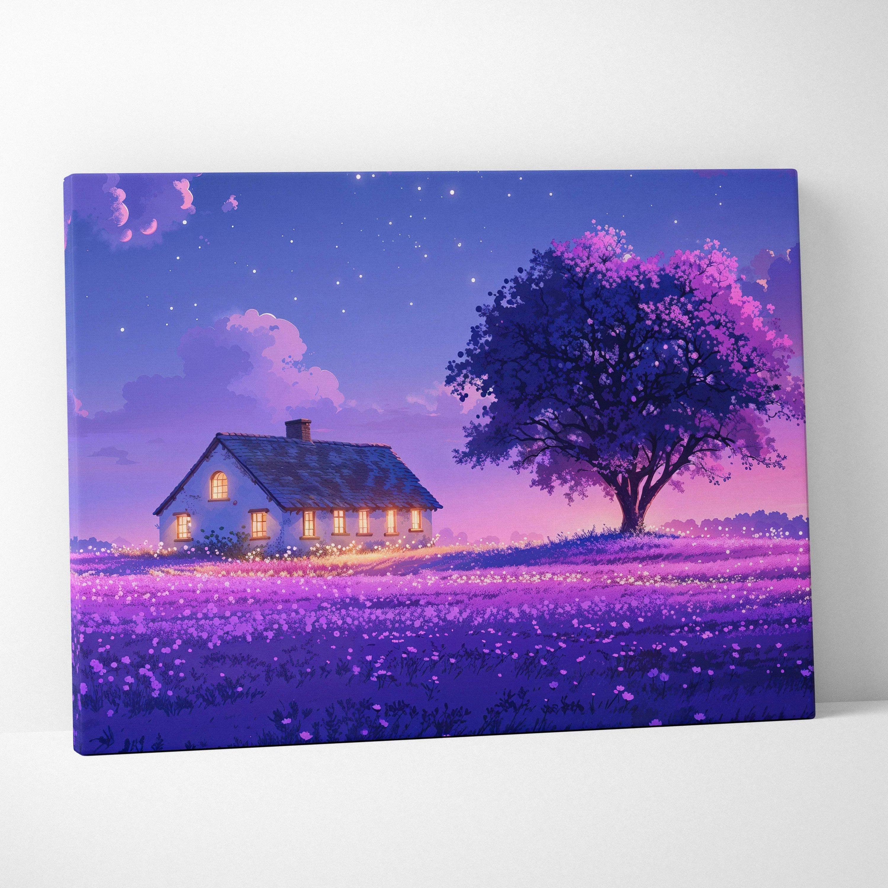 Whimsical purple pink cottage with lone tree in lavender field at twilight canvas