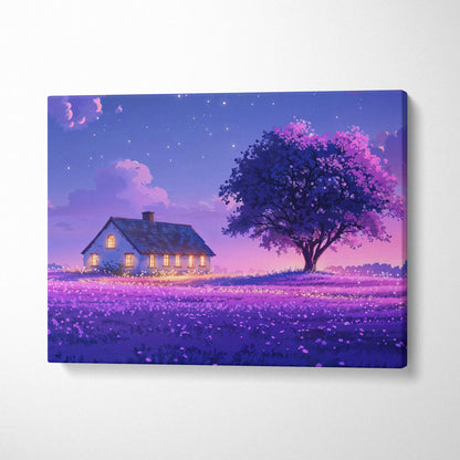 Whimsical purple pink cottage with lone tree in lavender field at twilight canvas
