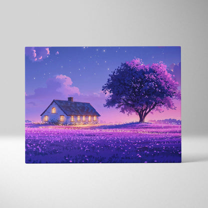 Whimsical purple lavender field with cozy cottage and lone tree at twilight