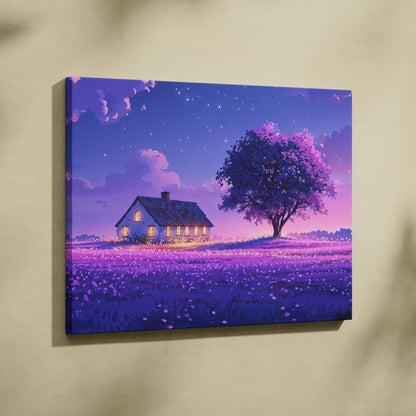 Purple pink canvas print of whimsical cottage lone tree lavender field twilight starry sky