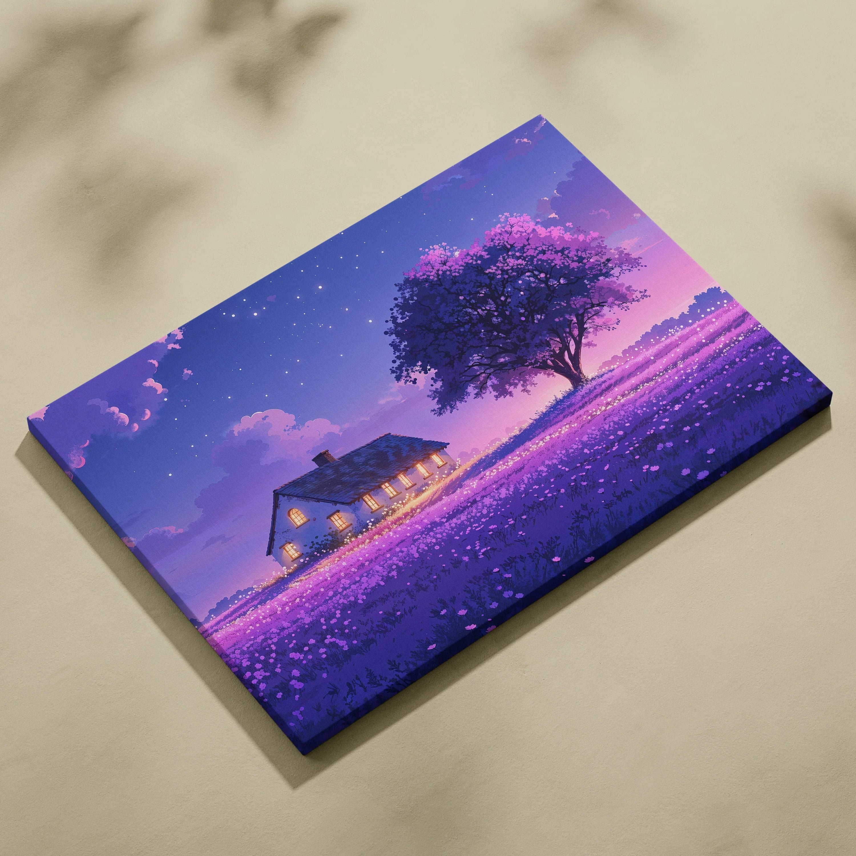 Whimsical fantasy cottage in lavender field at twilight canvas art