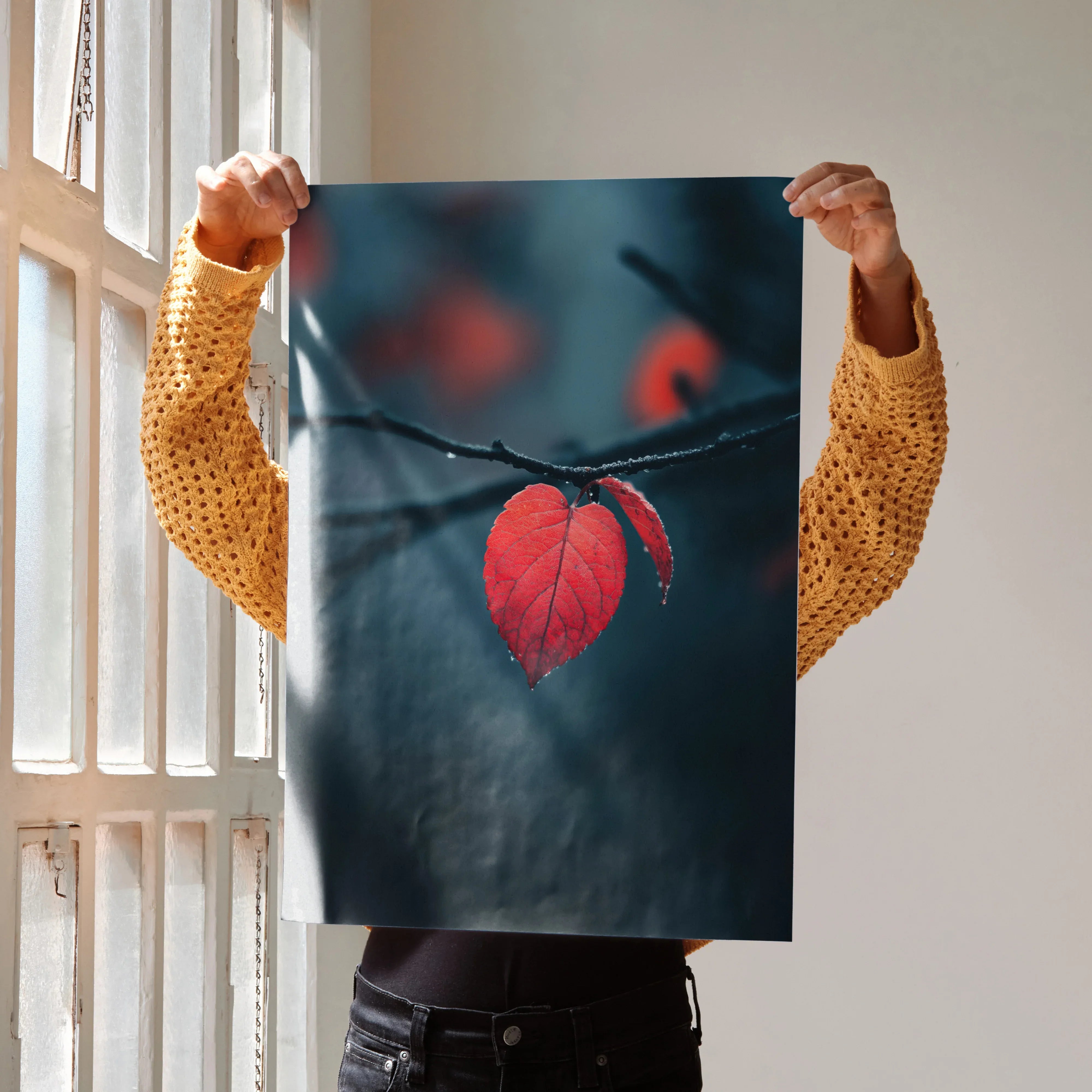 Autumn nature wall art poster featuring vibrant red fall leaf on dark blurred background.