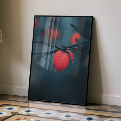 Autumn nature wall art poster featuring vibrant red fall foliage on dark background in vertical format.