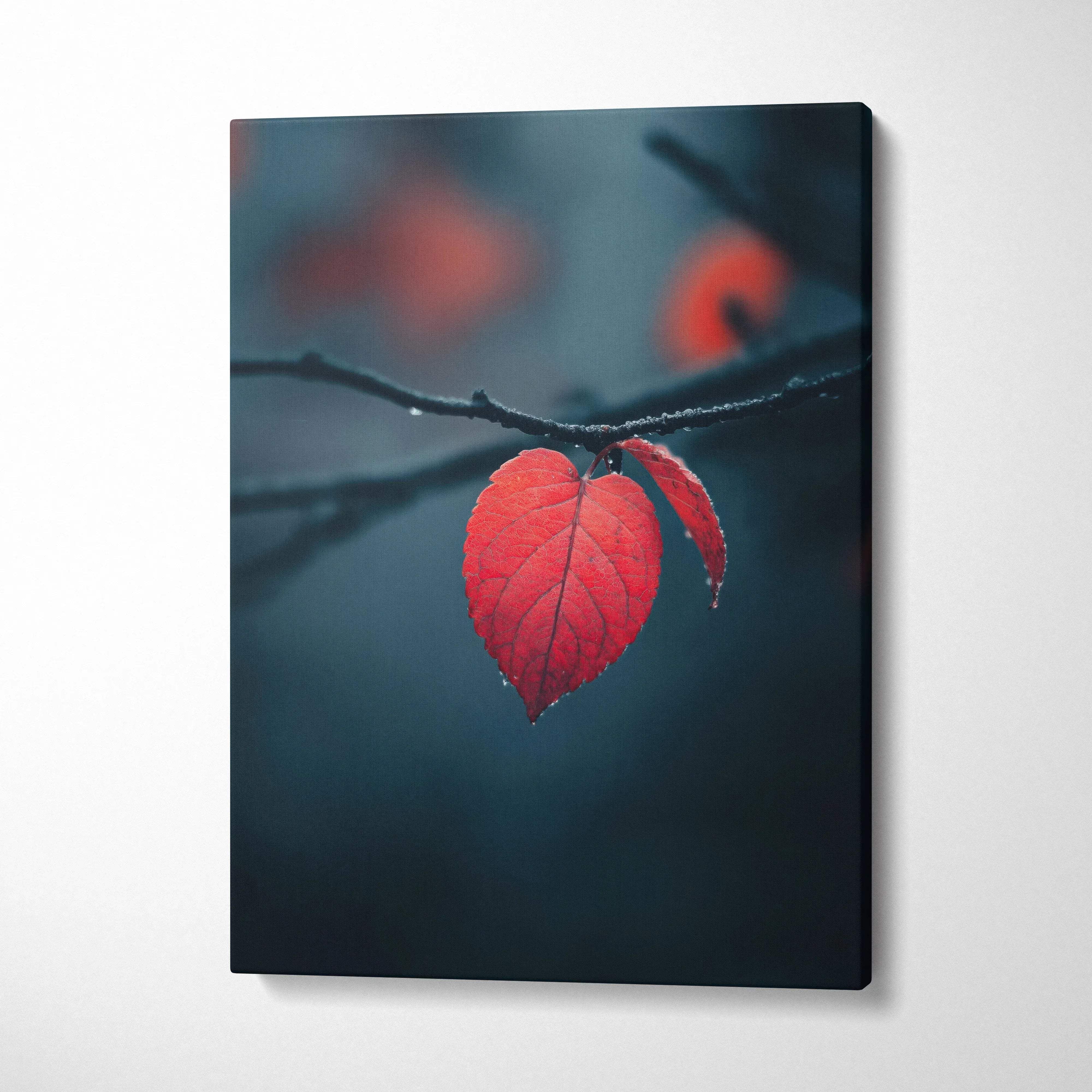Canvas wall art featuring a close-up of a vivid red autumn leaf on a dark branch.