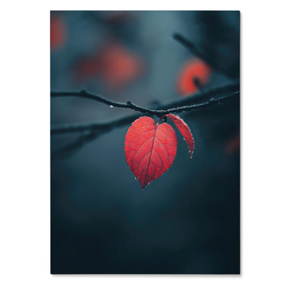 Vertical wall art poster featuring a single red autumn leaf on a dark blurred background.