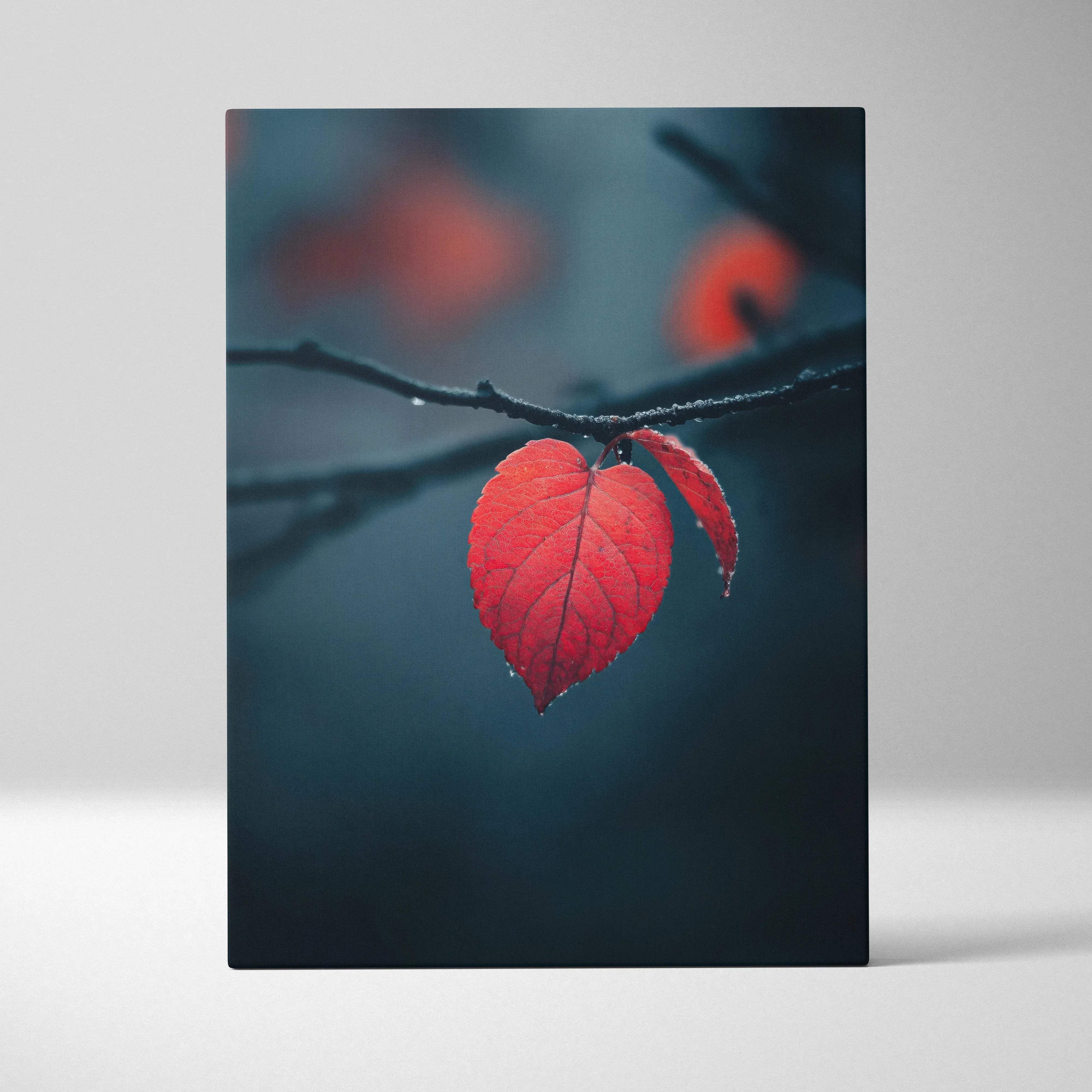 Moody closeup canvas wall art featuring a vibrant red heart-shaped autumn leaf with dewdrops on a dark branch