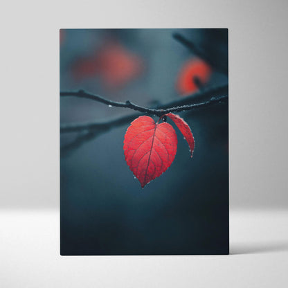 Red heart-shaped leaf on dark branch against blurred blue background canvas wall art.