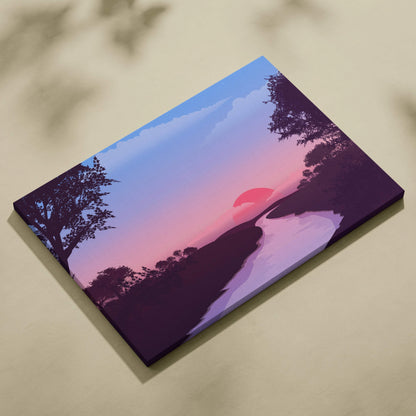 Stylized sunset canvas art with winding river to pink sun in soft pinks and purples