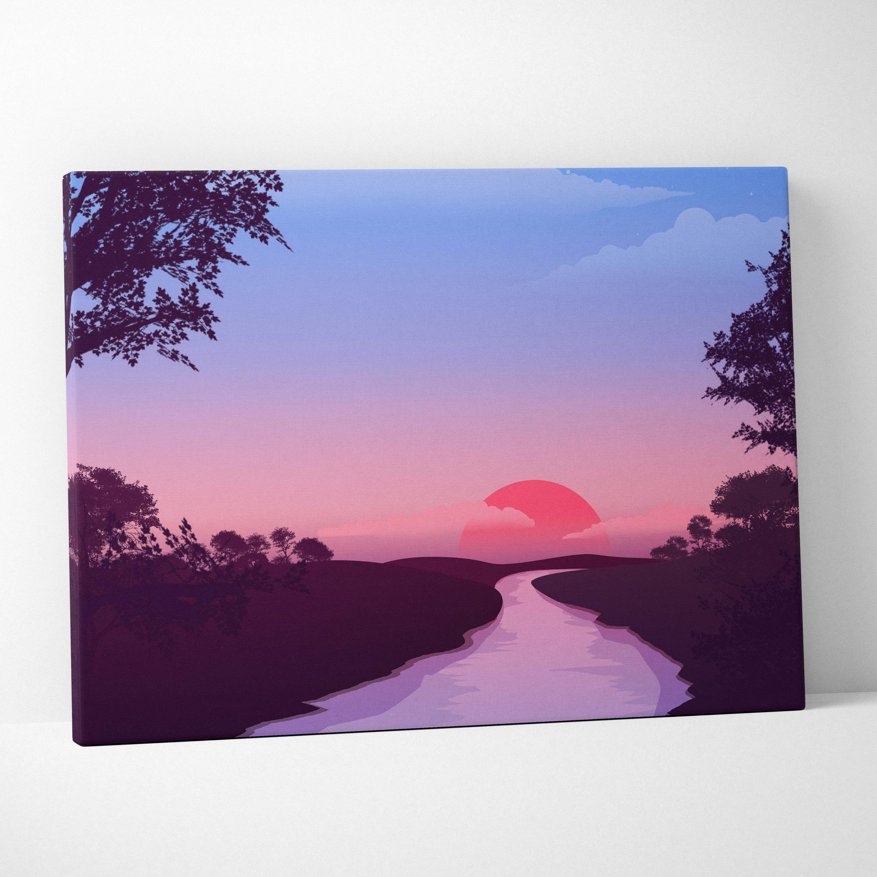 Stylized sunset canvas print with winding river to pink sun, silhouetted trees