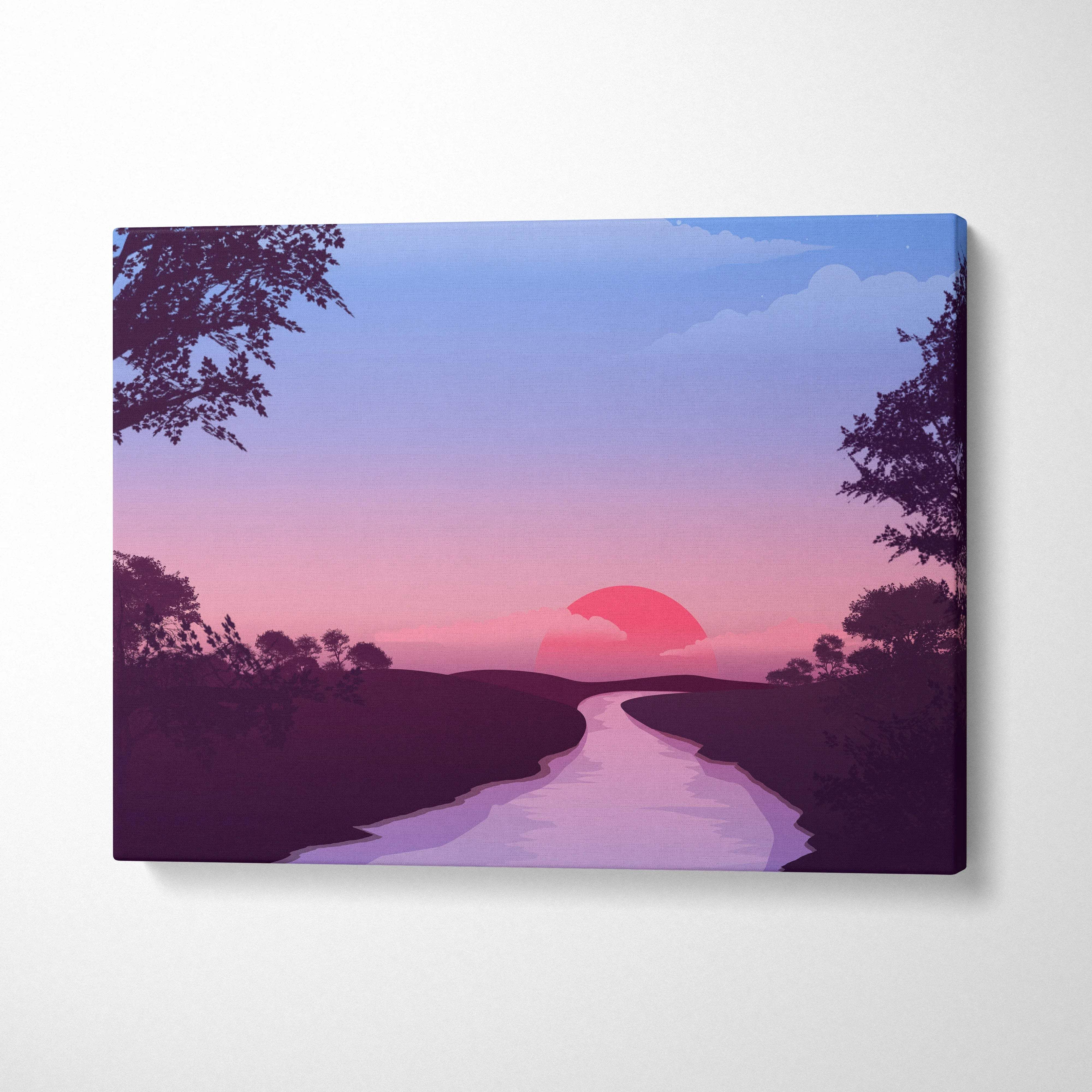 Stylized sunset canvas art with winding river to pink sun in soft pinks, purples