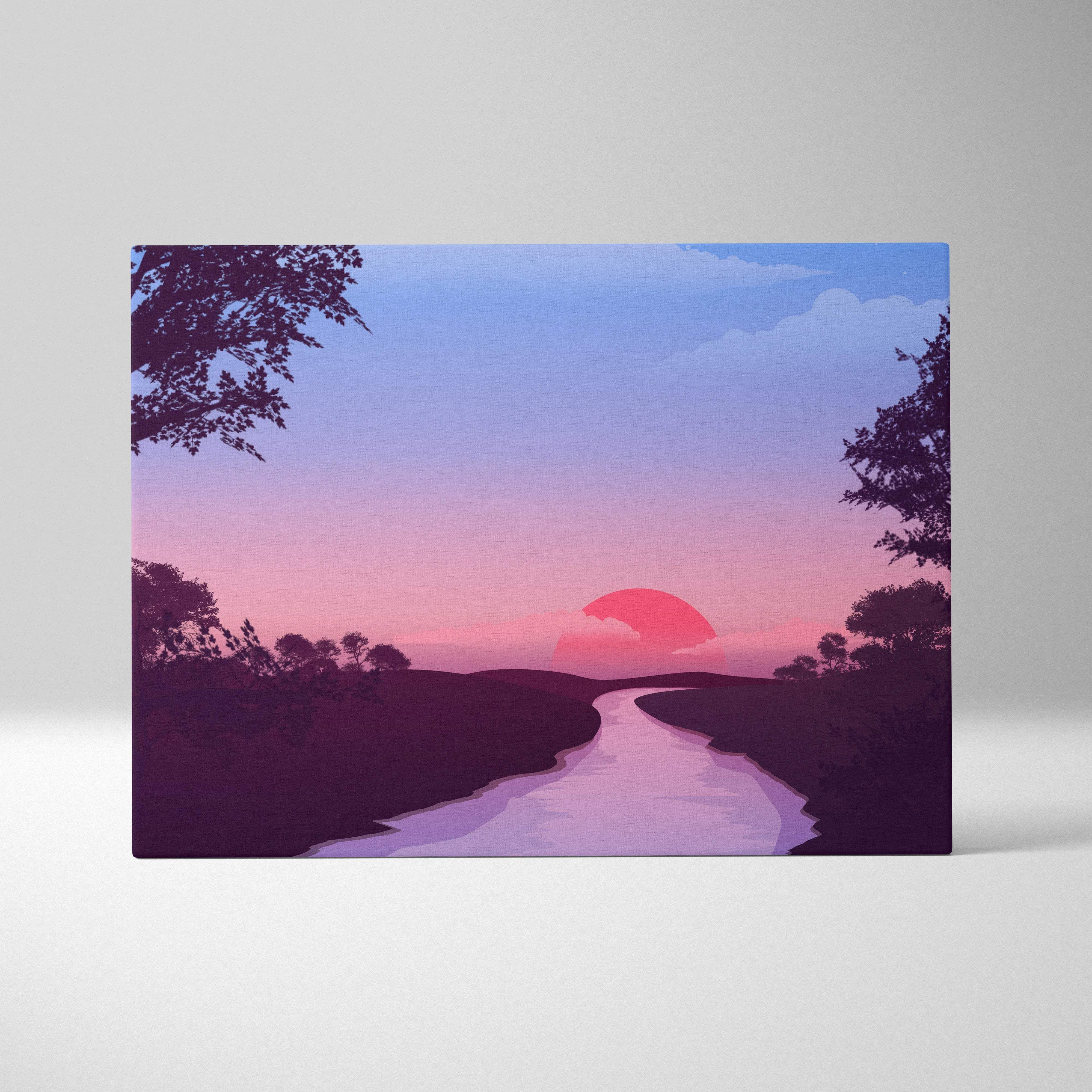 Stylized sunset canvas art with winding river to pink sun in purples