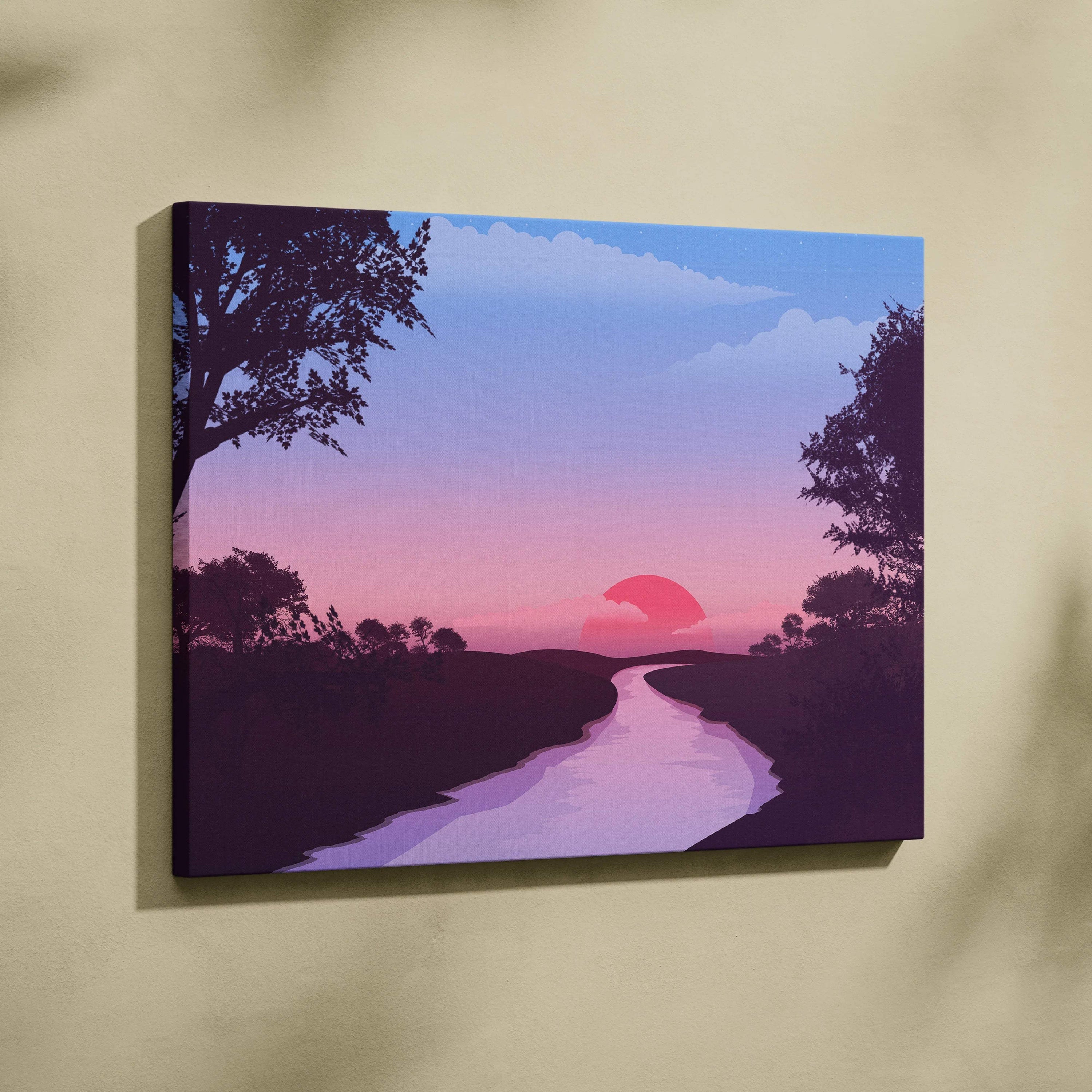Stylized sunset canvas art with winding river toward pink sun at dusk