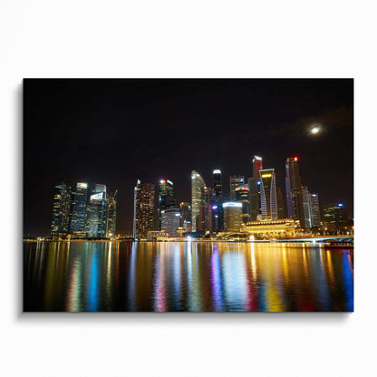 Vibrant city night skyline with reflections in water, colorful cityscape wall art poster.