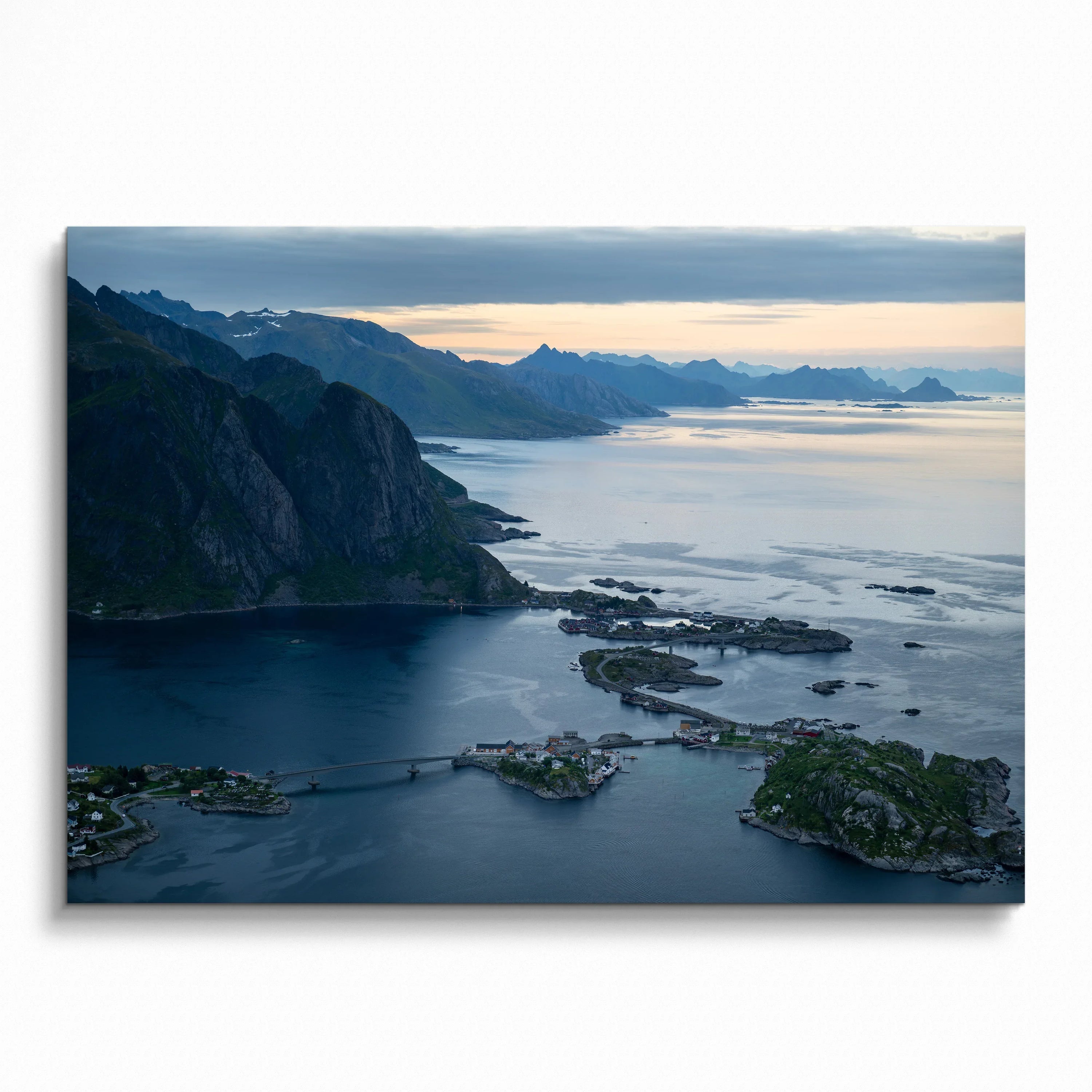 Mountain sunset poster with rugged cliffs and calm sea, nature-themed wall art.