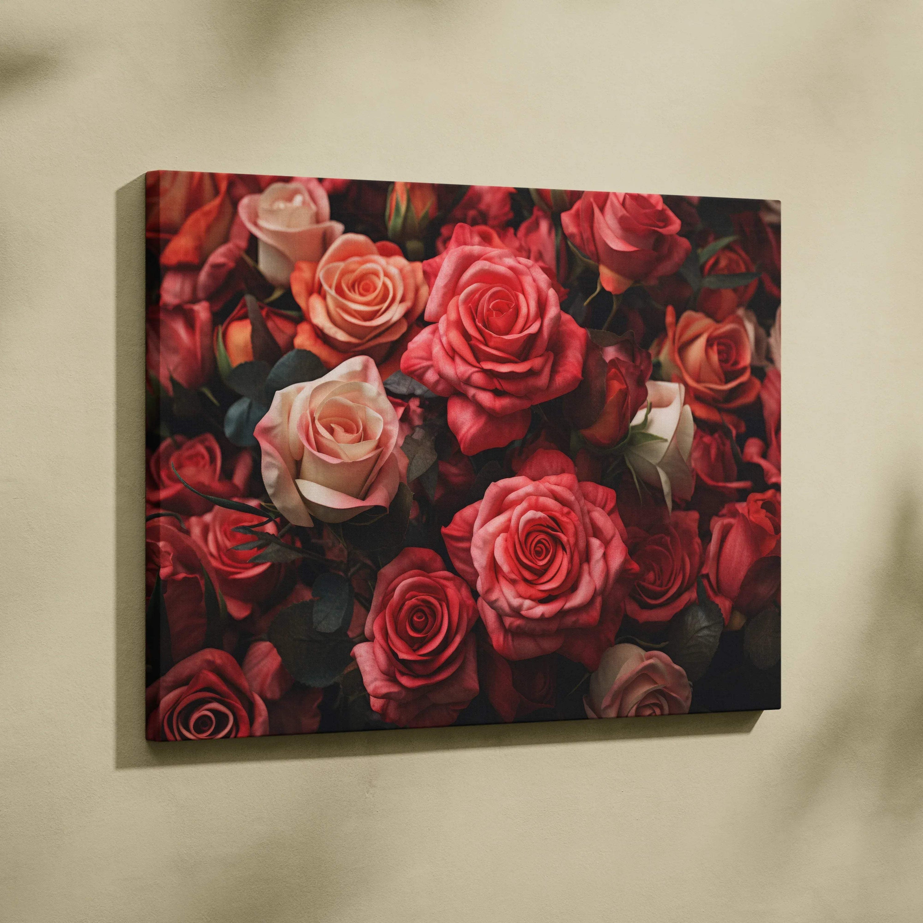 Canvas wall art featuring vibrant red and pink roses with intricate petal details for home decor.