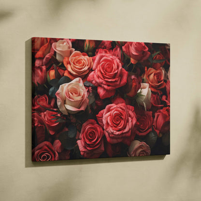 Canvas wall art featuring vibrant red and pink roses with intricate petal details for home decor.