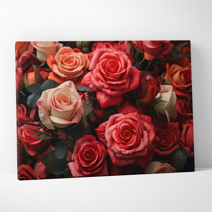 Canvas wall art featuring detailed vibrant red and pink roses with green leaves on a dark background.