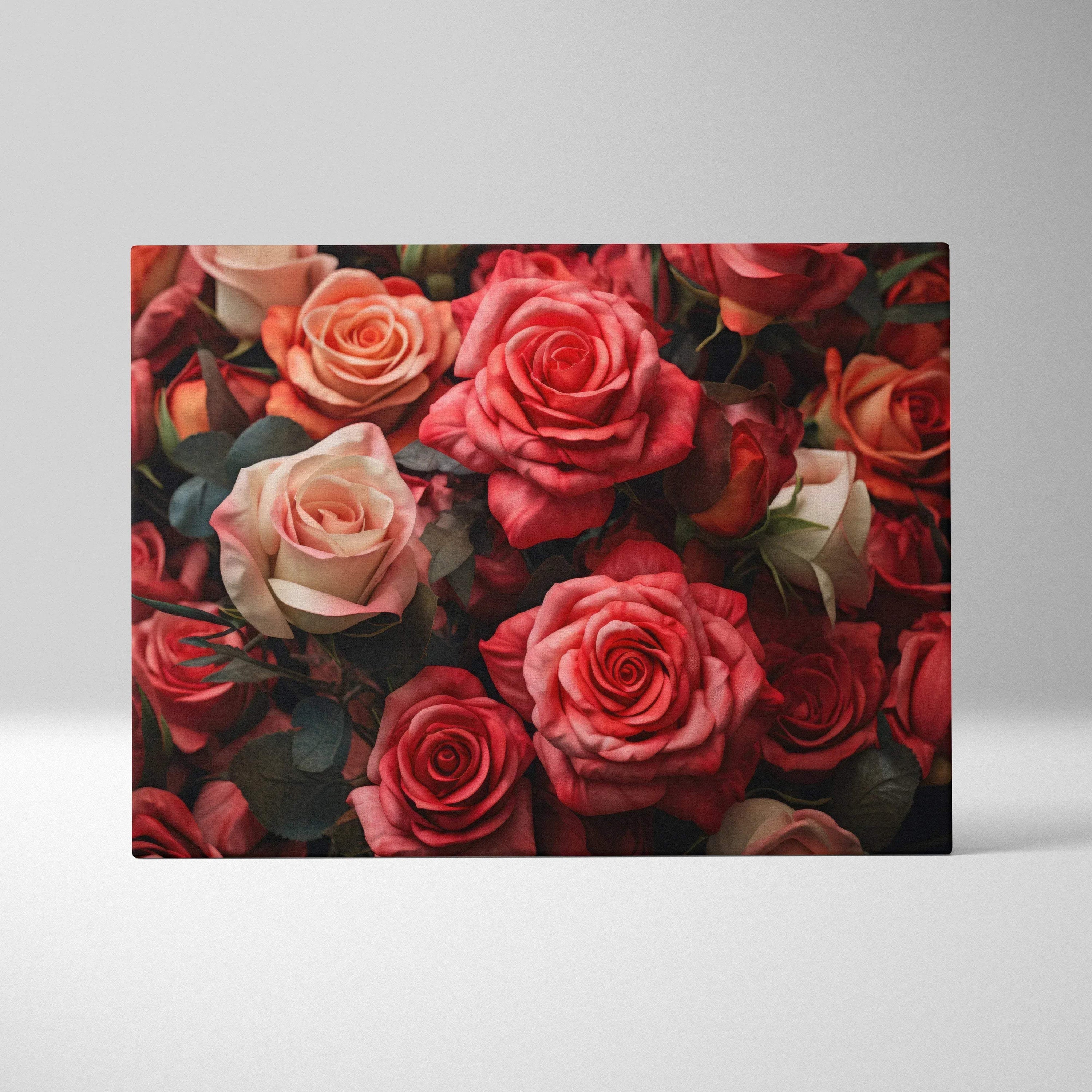 Canvas wall art featuring vibrant pink and red roses with detailed petals against dark green leaves background.