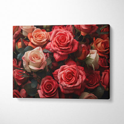 Canvas wall art featuring vibrant red and pink roses with intricate floral details for decor.