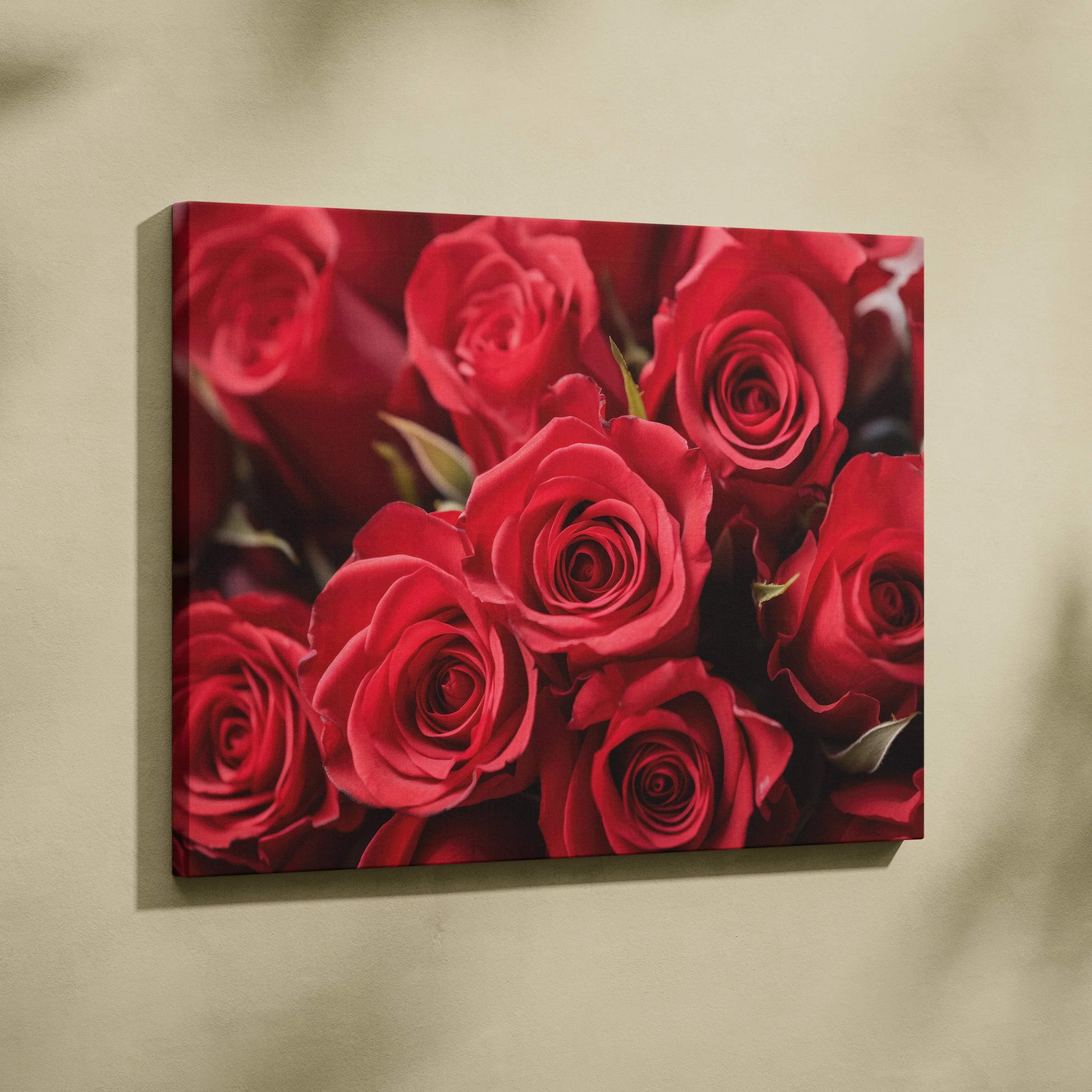 Vibrant red roses floral canvas wall art with deep green leaves, decorative home art decor.