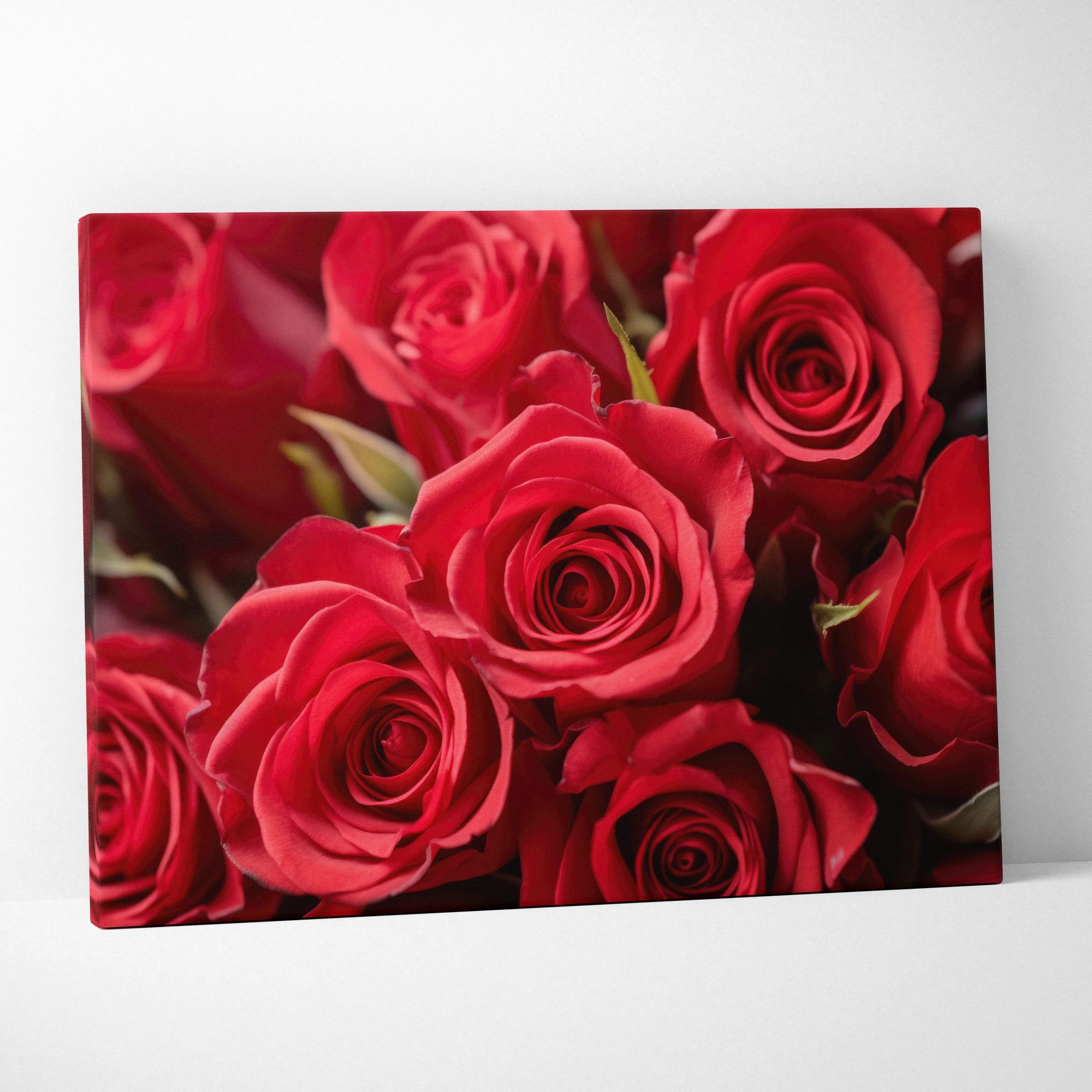 A vibrant red rose bouquet printed on a rectangular canvas ideal for modern romantic floral wall decor