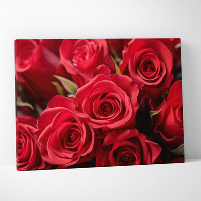 Vibrant red roses close-up on floral canvas wall art for home decor spaces.